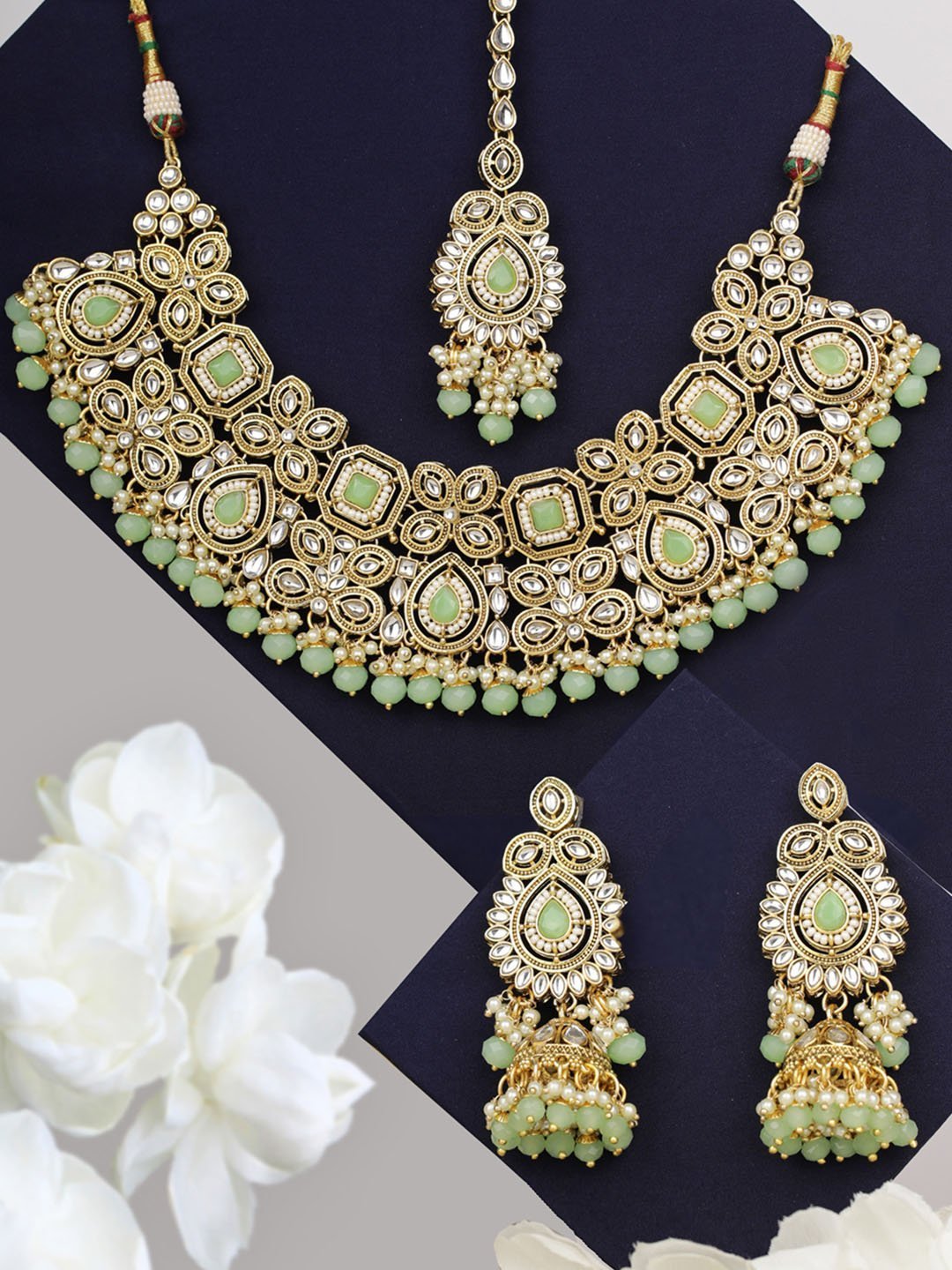 Women's Mint Green Pearls Stones Beads Kundan Gold Plated Traditional MaangTika Jewellery Set - Priyaasi
