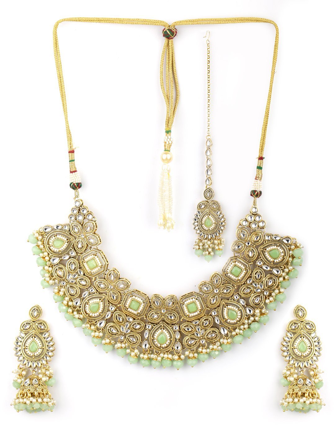 Women's Mint Green Pearls Stones Beads Kundan Gold Plated Traditional MaangTika Jewellery Set - Priyaasi
