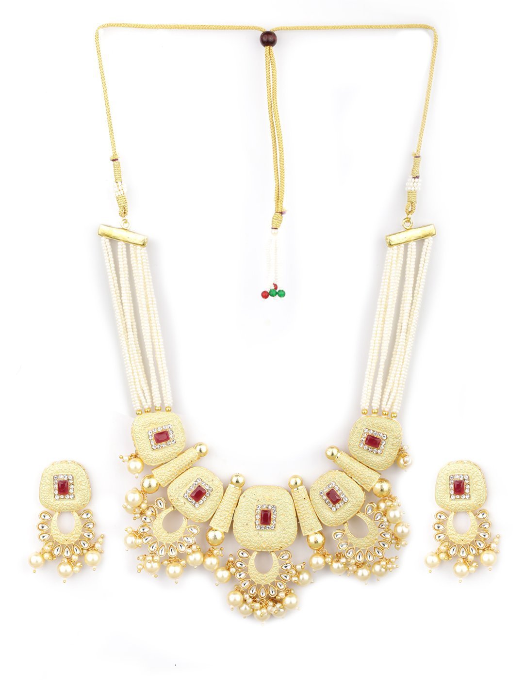 Women's White Beads Pearls Stones Gold Plated Traditional Jewellery Set - Priyaasi