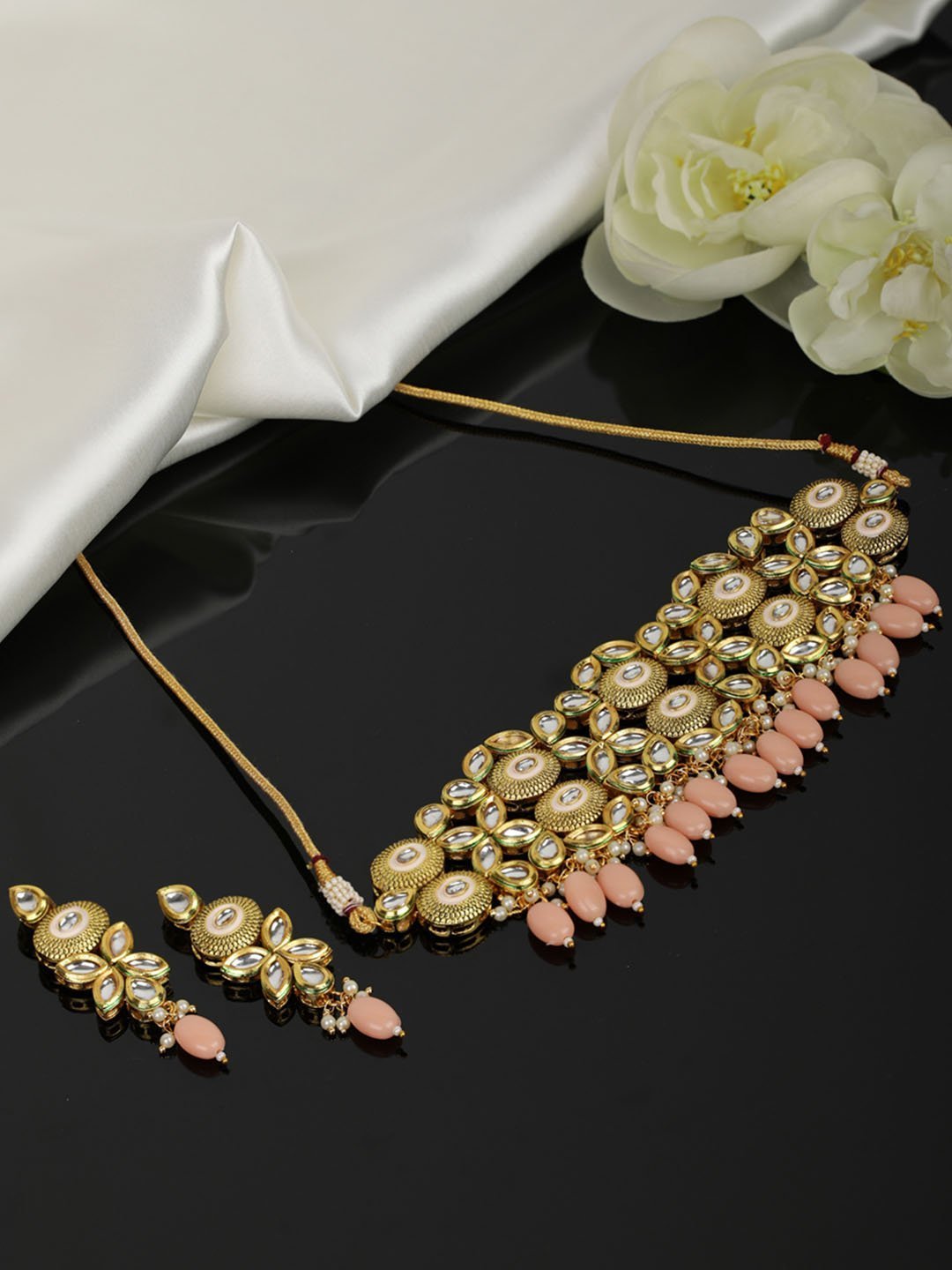 Women's Peach Pearls Kundan Gold Plated Traditional Choker - Priyaasi