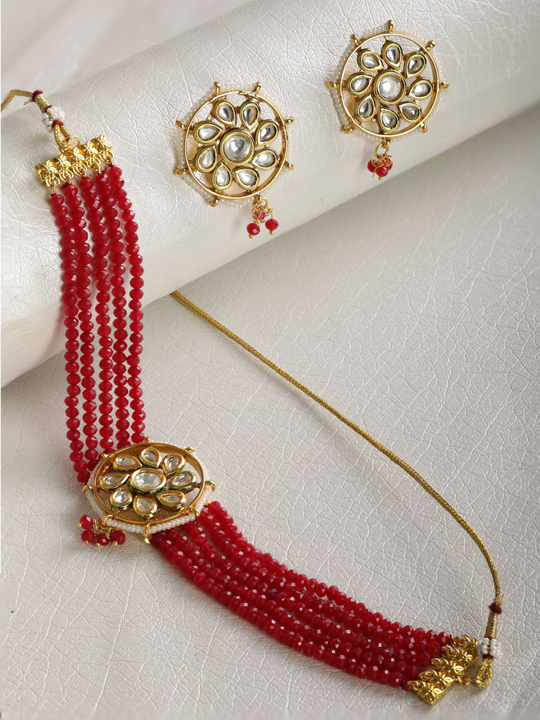 Women's  Red Beads Kundan Gold Plated Traditional Choker - Priyaasi