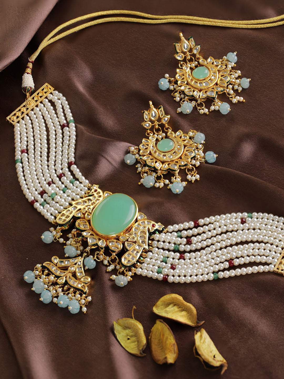 Women's  Turquoise Blue Stones White Beads Kundan Gold Plated Traditional Choker - Priyaasi
