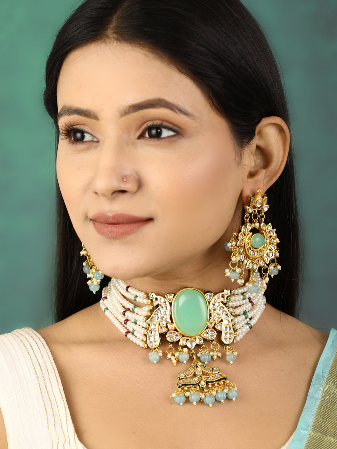 Women's  Turquoise Blue Stones White Beads Kundan Gold Plated Traditional Choker - Priyaasi