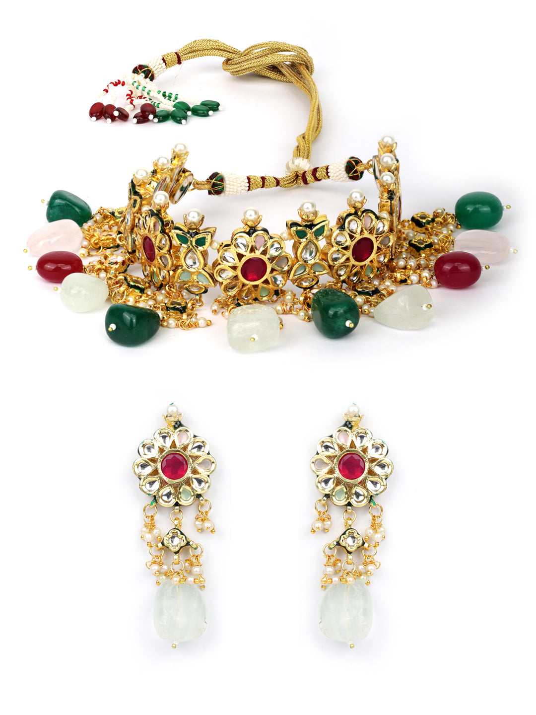 Women's  Kundan Ruby Emerald Beads Gold Plated Traditional Choker - Priyaasi
