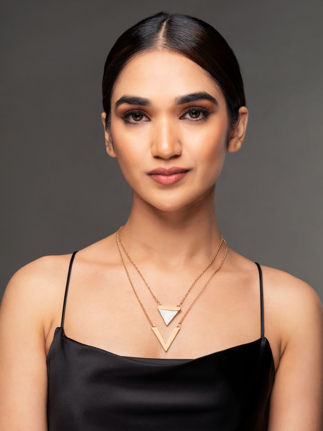 Women's  Gold Plated Triangle Pendant Layered Necklace - Priyaasi