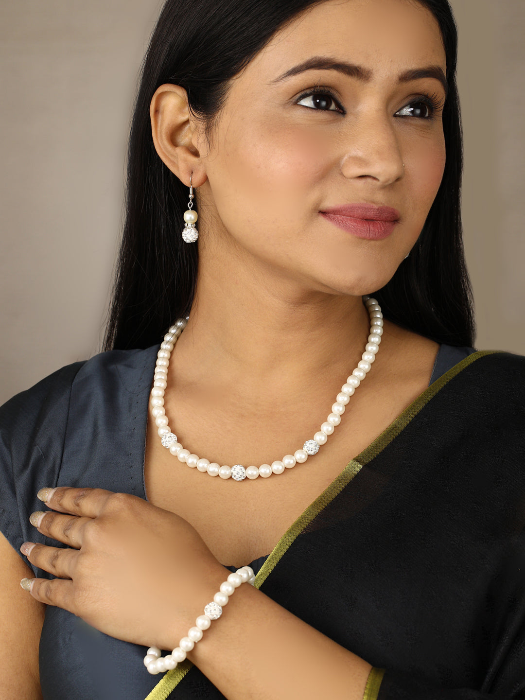 Women's  Silver Plated Pearls Jewellery Set with Bracelet - Priyaasi