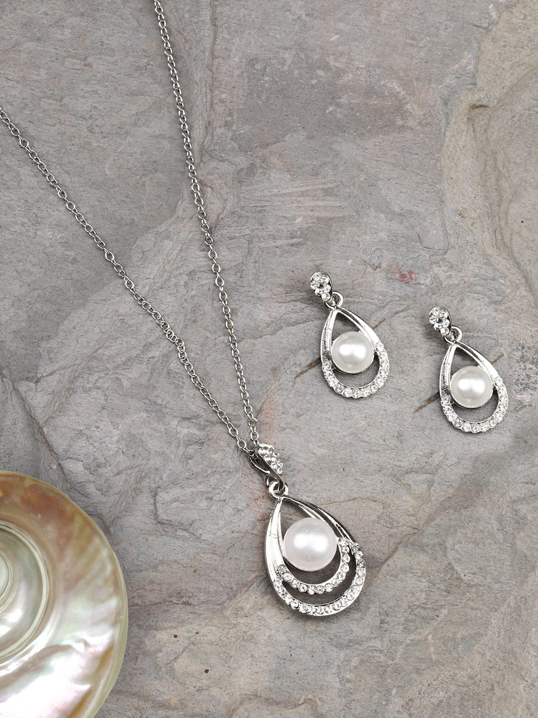 Women's  Droplet-Pearls & Stones Silver Plated Pendant Set - Priyaasi