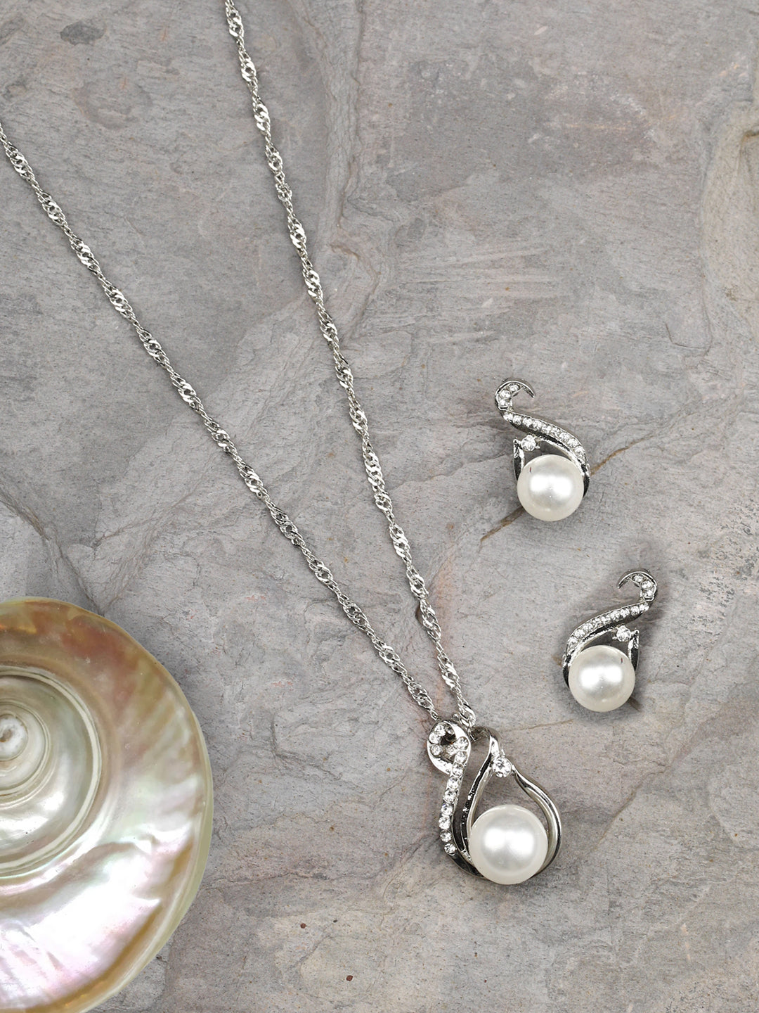 Women's  Swirl-Pearls & Stones Silver Plated Pendant Set - Priyaasi