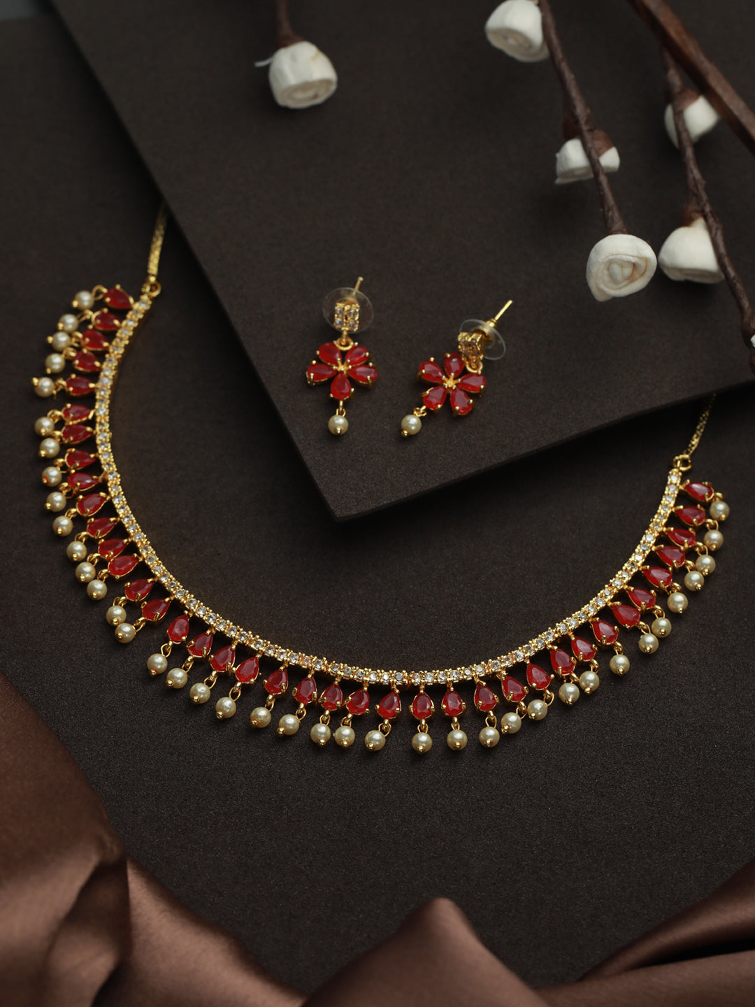 Women's Red Floral Leaf Gold Plated Jewellery Set - Priyaasi