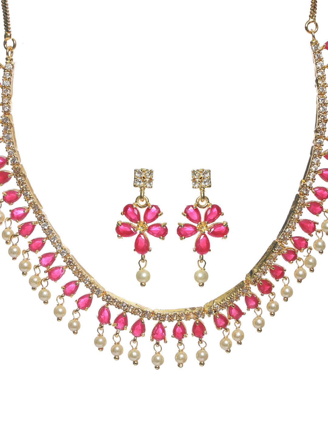 Women's Red Floral Leaf Gold Plated Jewellery Set - Priyaasi