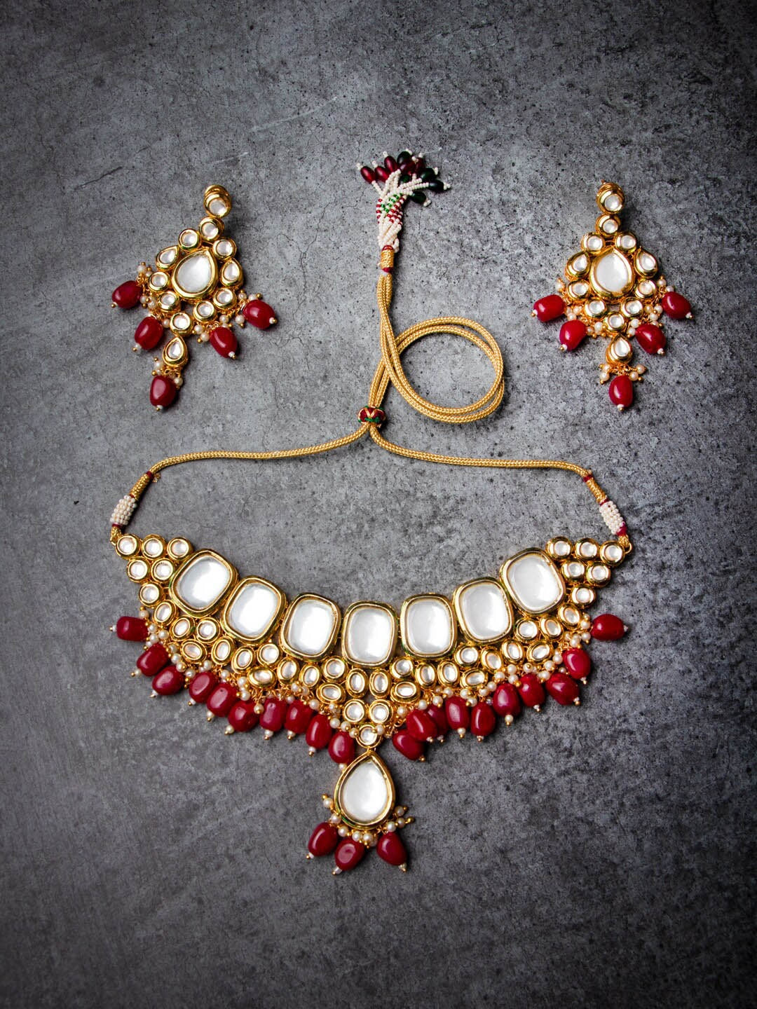 Women's Gold Plated & Maroon Kundan Studded Handcrafted Jewellery Set - Morkanth