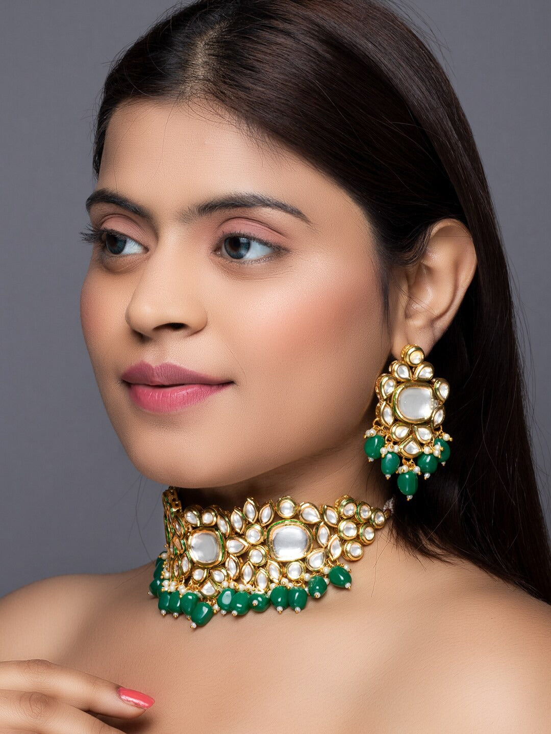 Women's Green & White Gold-Plated Handcrafted Jewellery Set - Morkanth