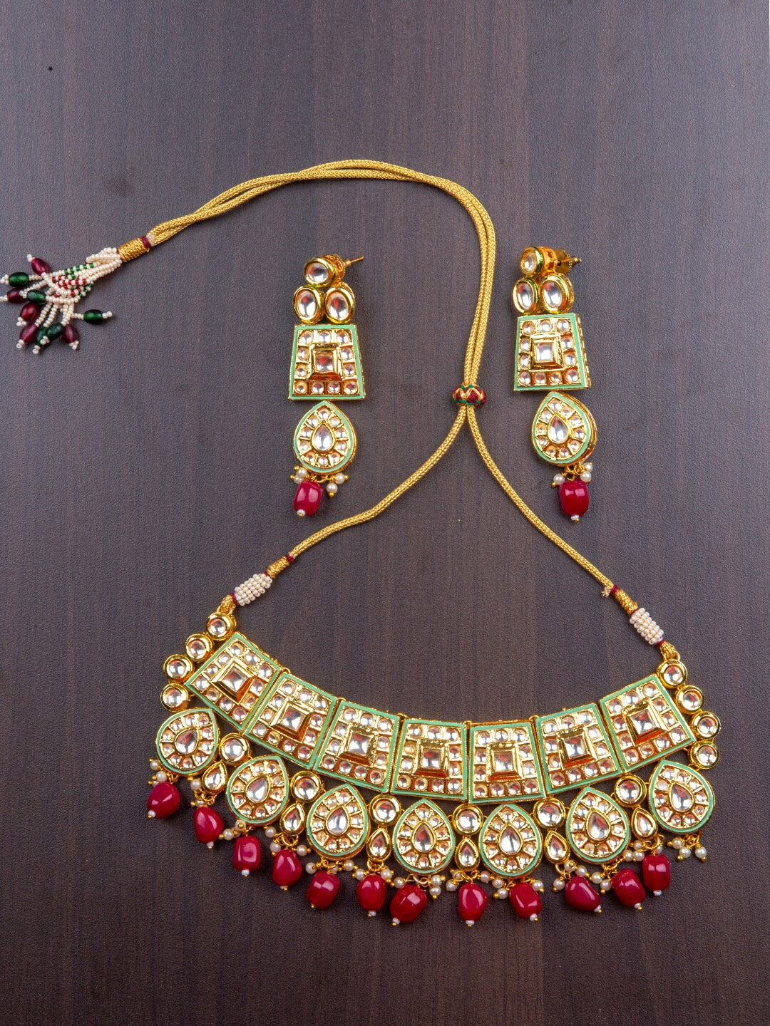 Women's Gold-Plated & Maroon Kundan Studded Handcrafted Jewellery Set - Morkanth