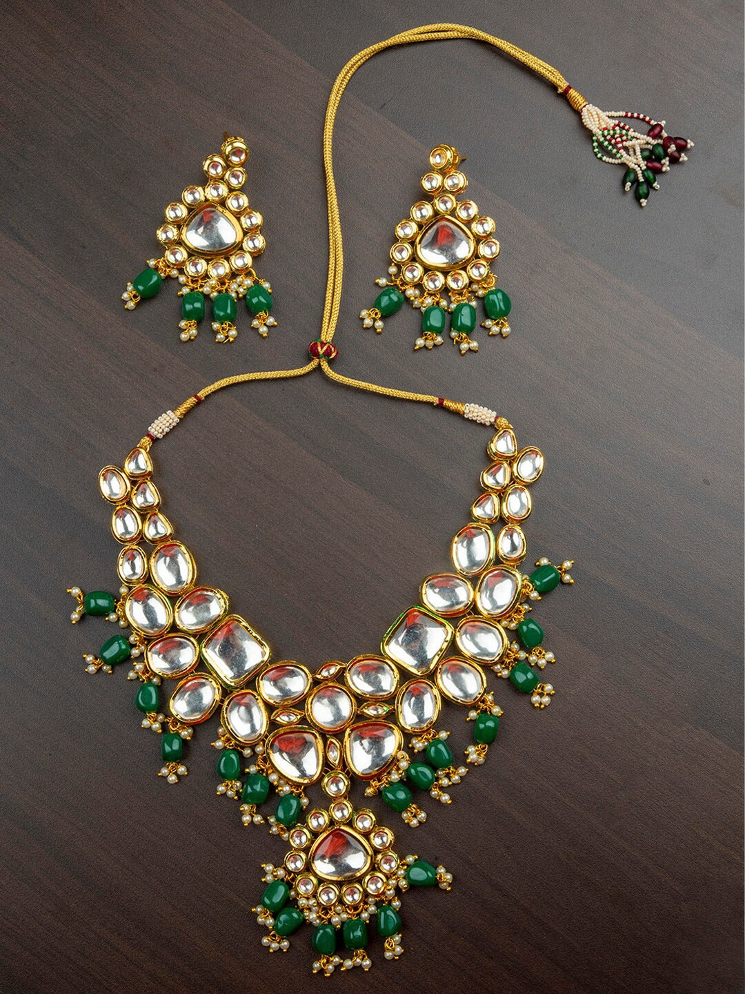 Women's Gold-Plated & Green Kundan Studded Pearls Handcrafted Jewellery Set - Morkanth