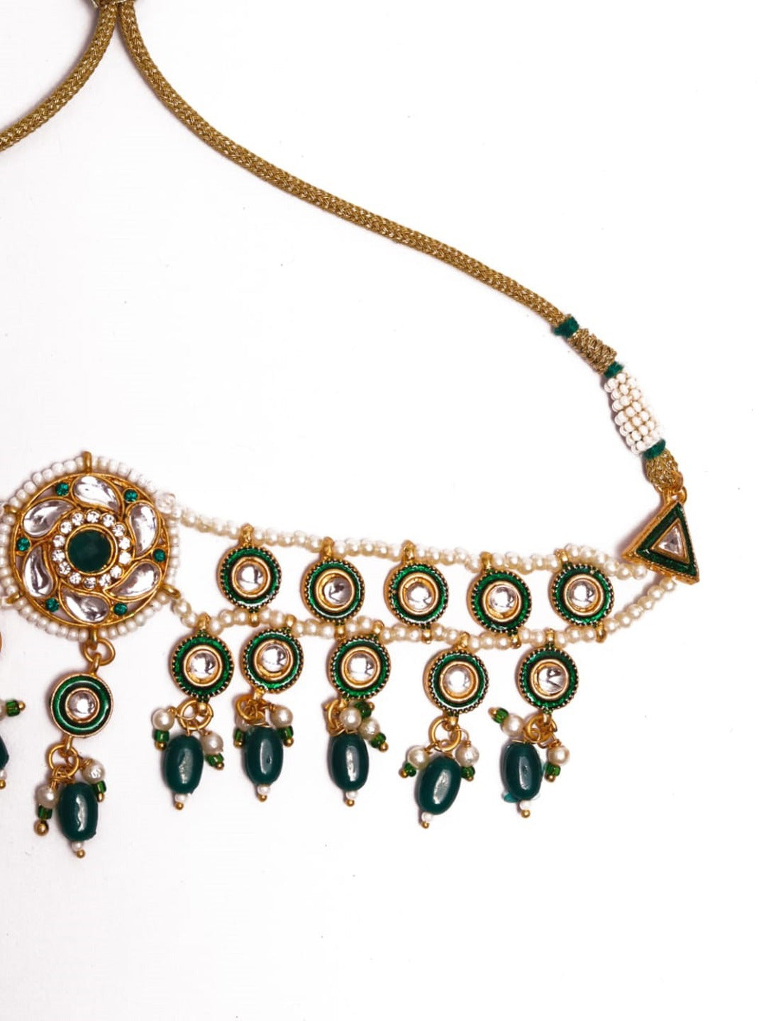 Women's Gold Plated Green & White Kundan Studded Handcrafted Jewellery Set - Morkanth