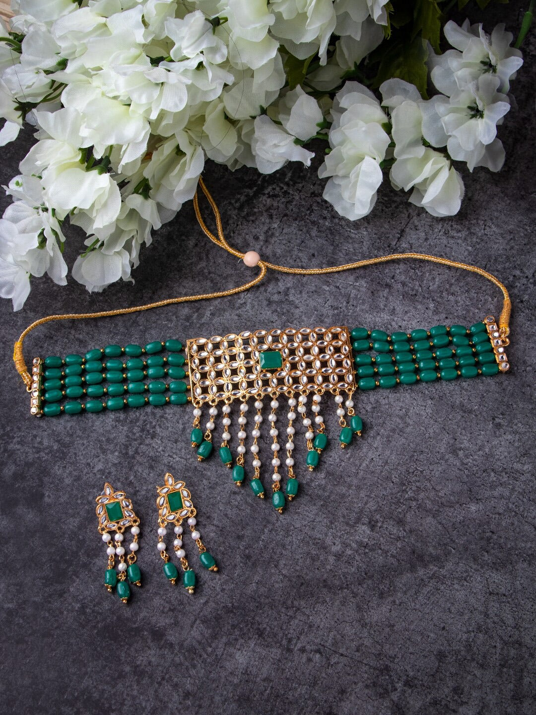 Women's Gold-Plated Green & White Stone-Studded & Beaded Jewellery Set - Morkanth