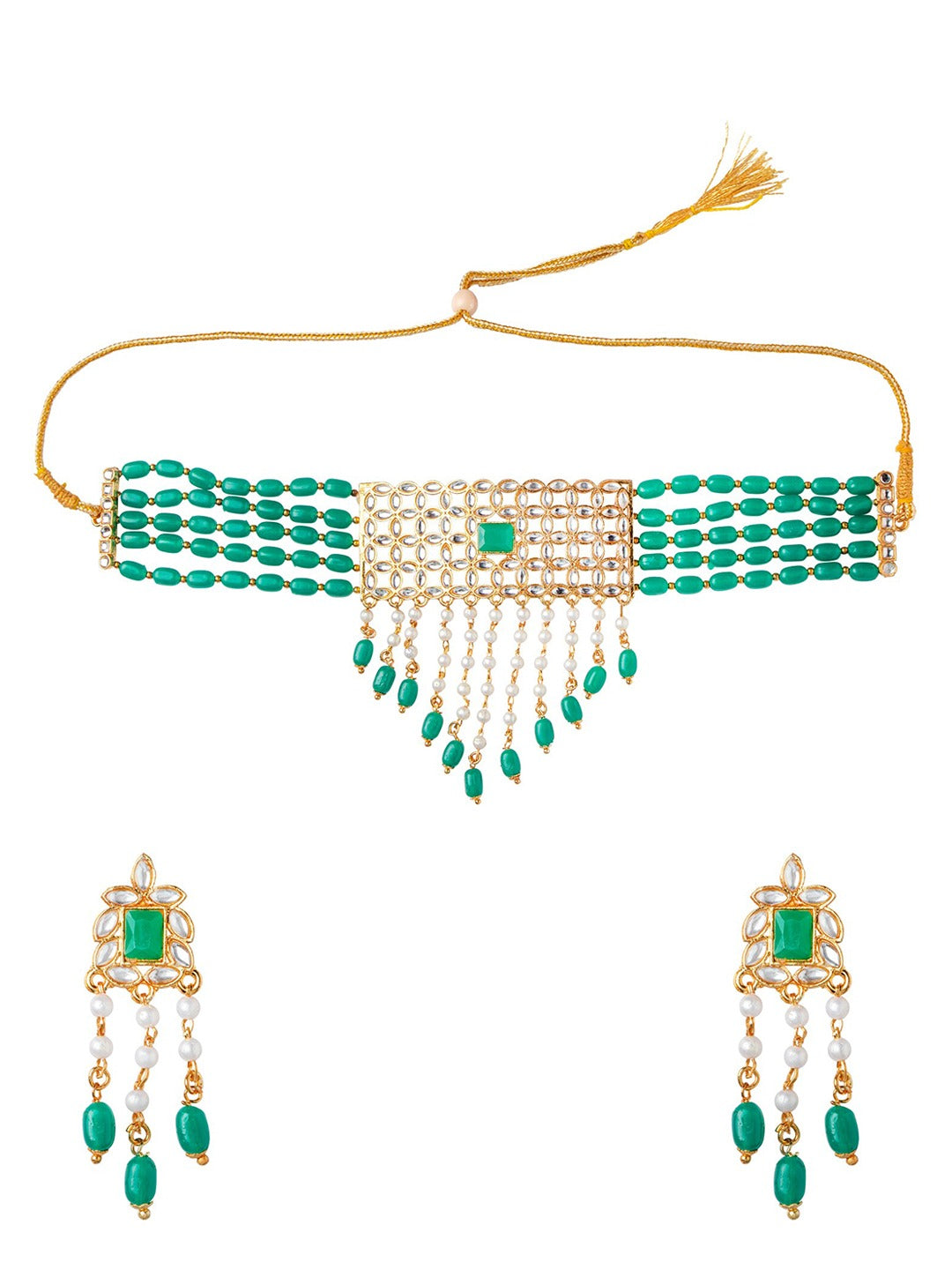 Women's Gold-Plated Green & White Stone-Studded & Beaded Jewellery Set - Morkanth