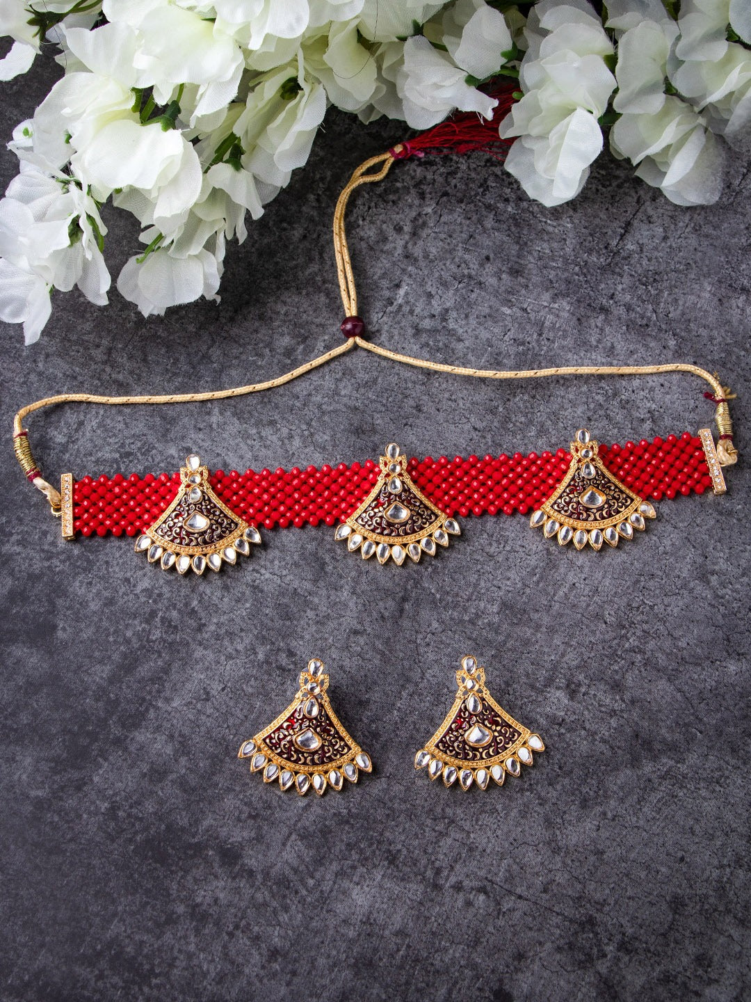 Women's Gold-Plated Red & White Stone-Studded & Pearl Beaded Jewellery Set - Morkanth