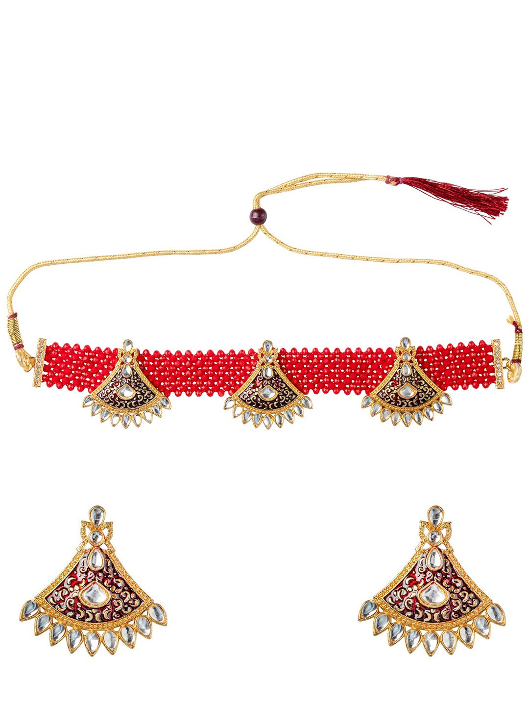 Women's Gold-Plated Red & White Stone-Studded & Pearl Beaded Jewellery Set - Morkanth