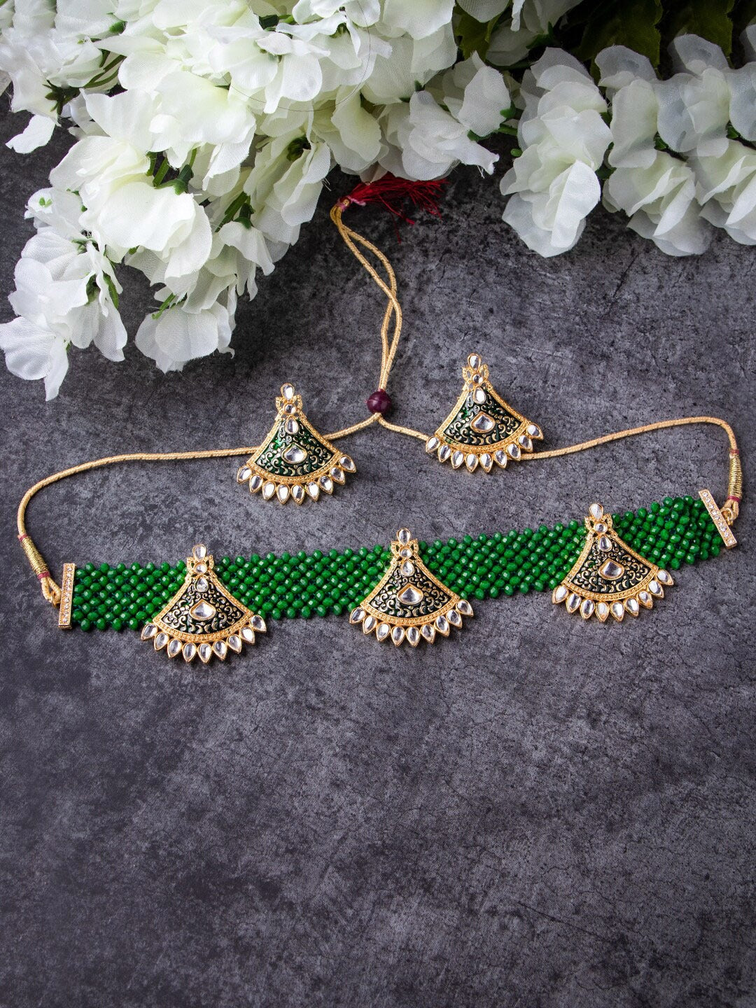 Women's Gold-Plated Green & White Stone-Studded & Pearl Beaded Jewellery Set - Morkanth