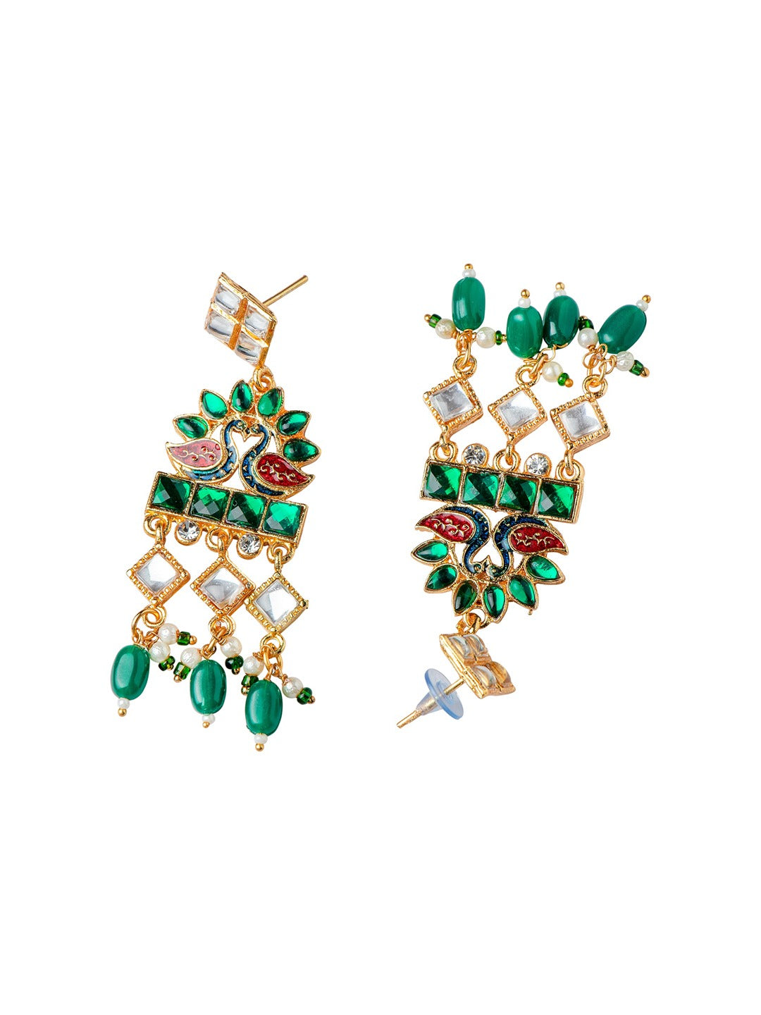 Women's Gold-Plated Green & Red Stone Studded & Beaded Jewellery Set - Morkanth