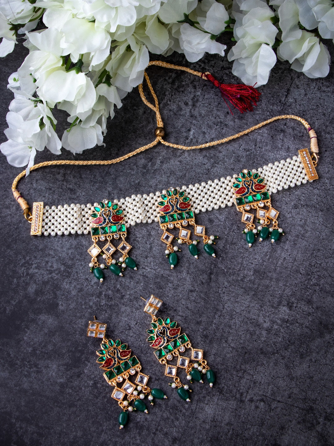Women's Gold-Plated Green & Red Stone Studded & Beaded Jewellery Set - Morkanth