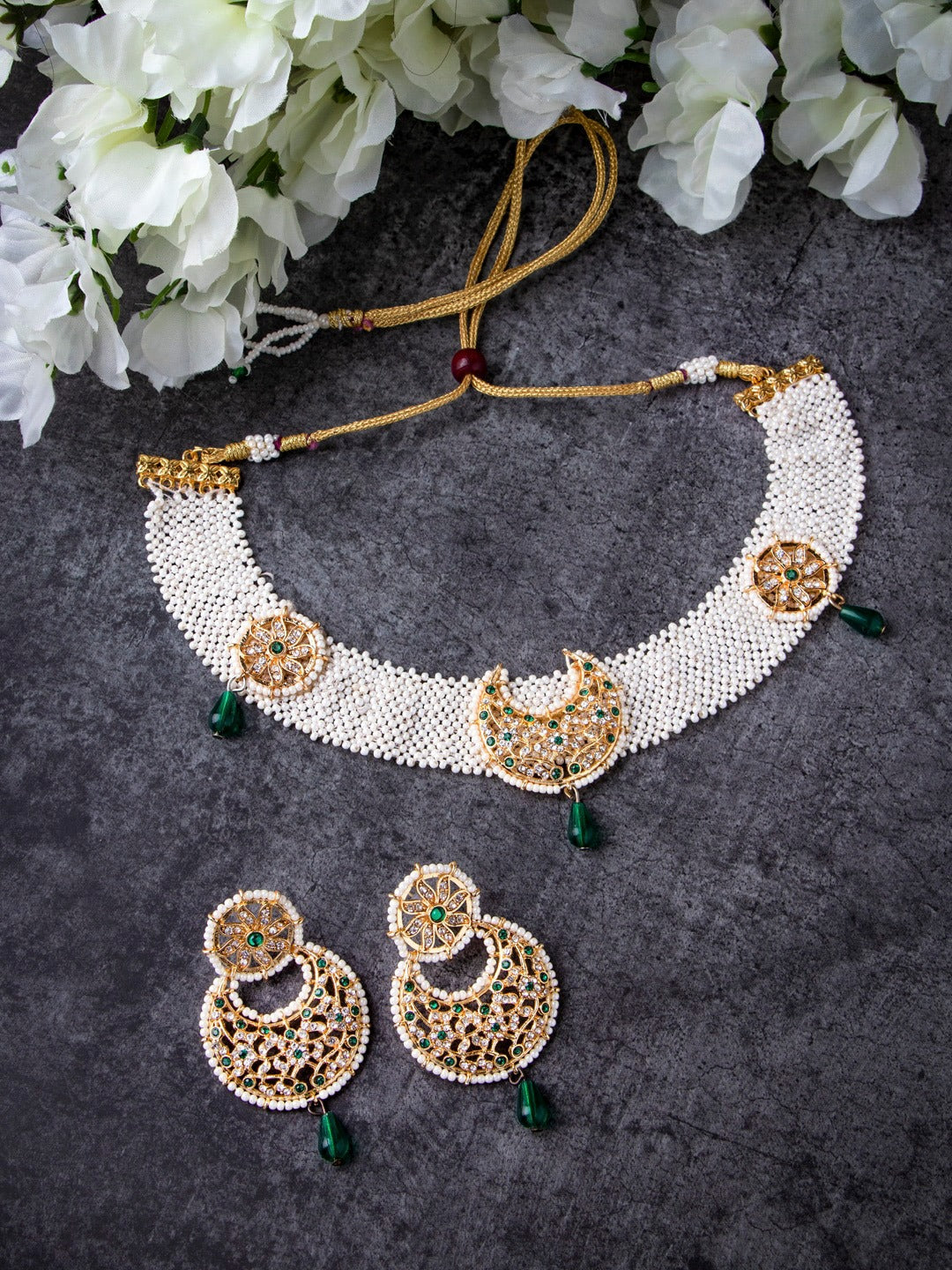 Women's Gold-Plated Green & White Pearl Beaded Handcrafted Jewellery Set - Morkanth