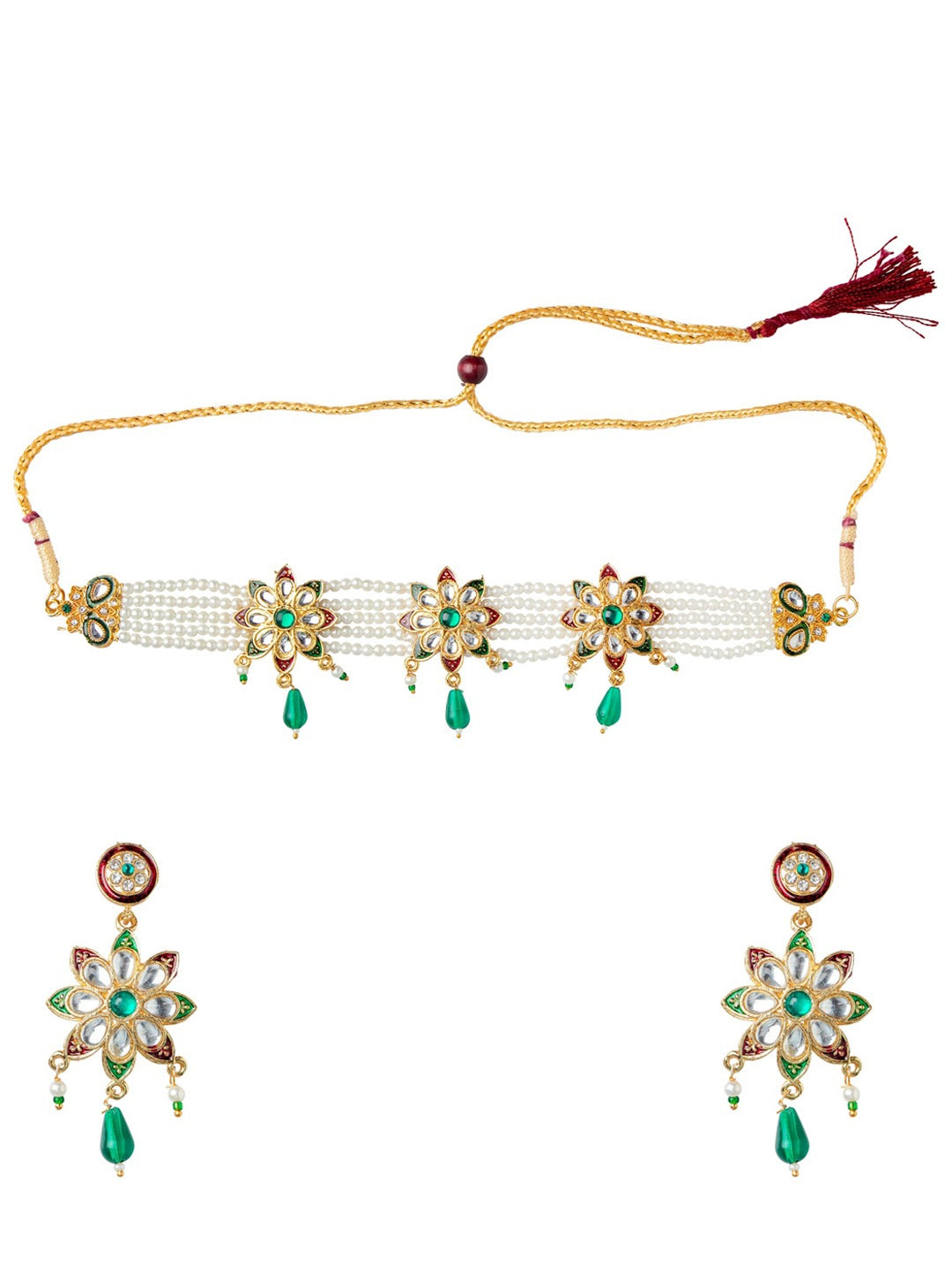Women's Gold-Plated White & Green Stone Studded & Beaded Jewellery Set - Morkanth