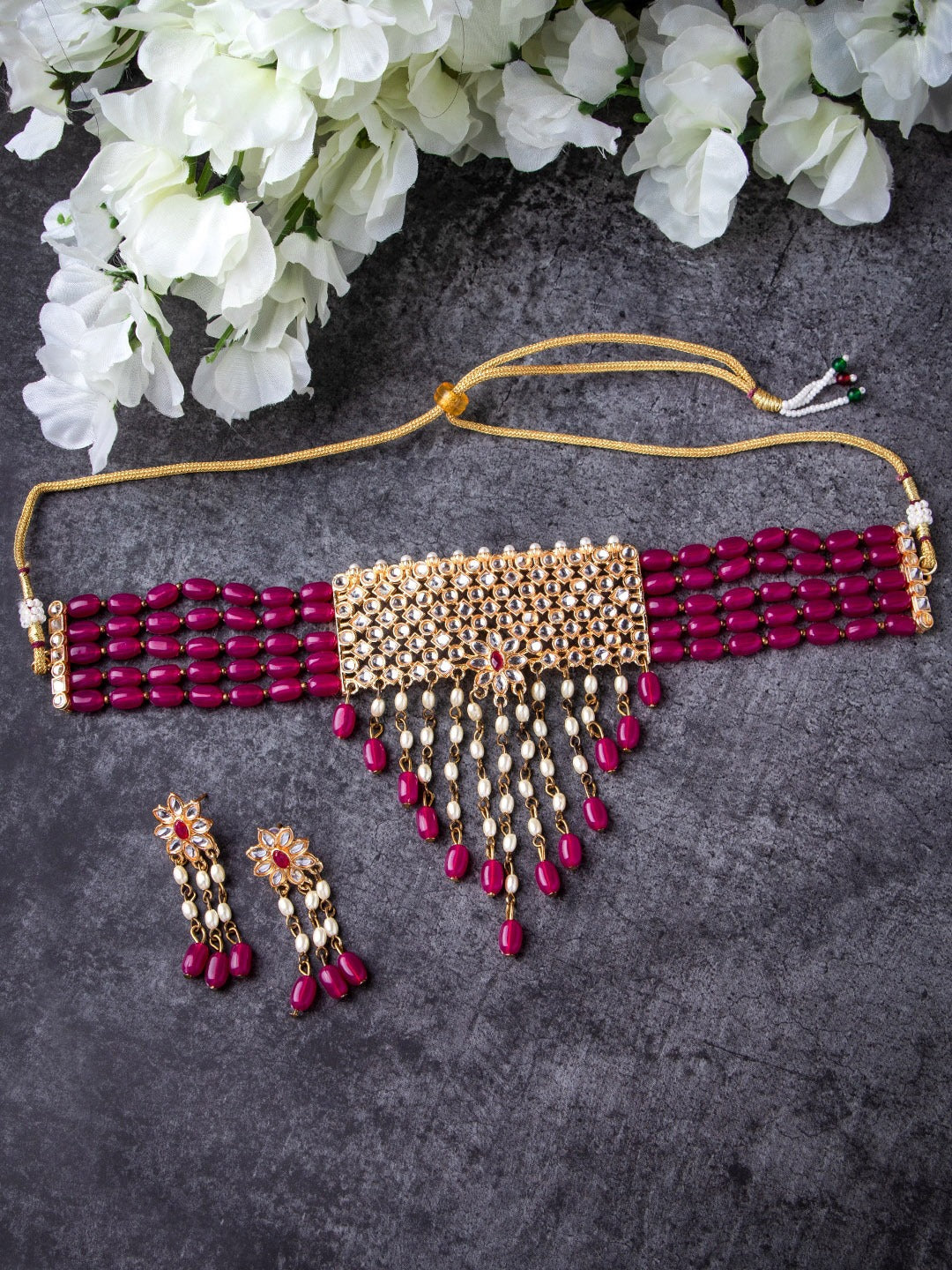Women's Gold Plated Pink & White Kundan Studded Handcrafted Jewellery Set - Morkanth