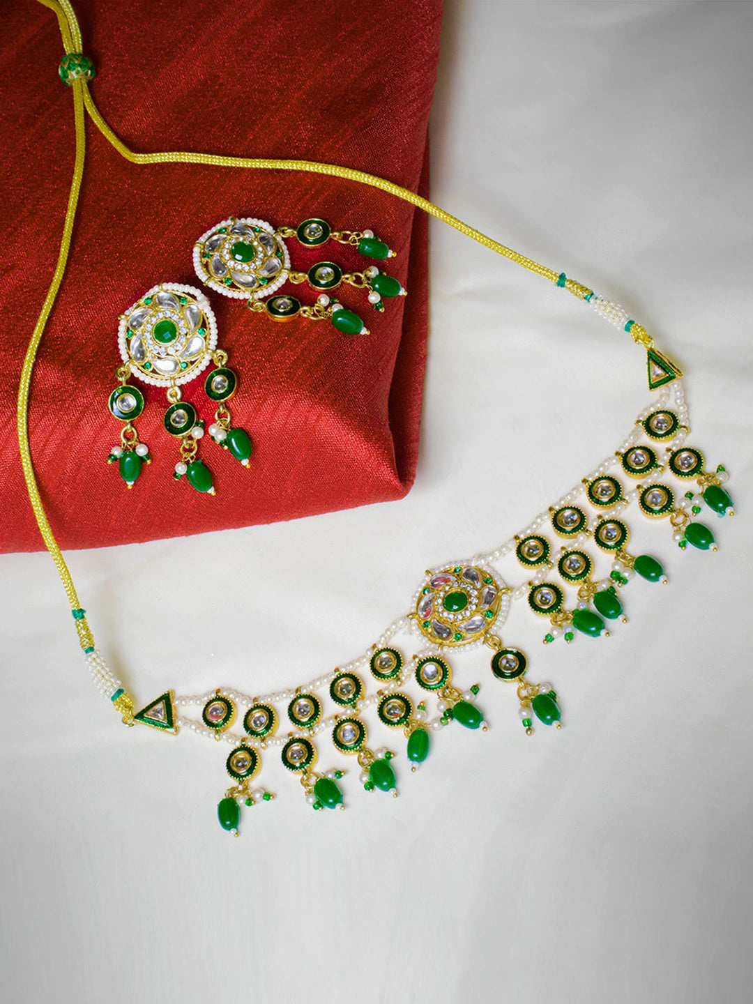 Women's Gold-Plated Green & White Kundan Stone-Studded Jewellery Set - Morkanth