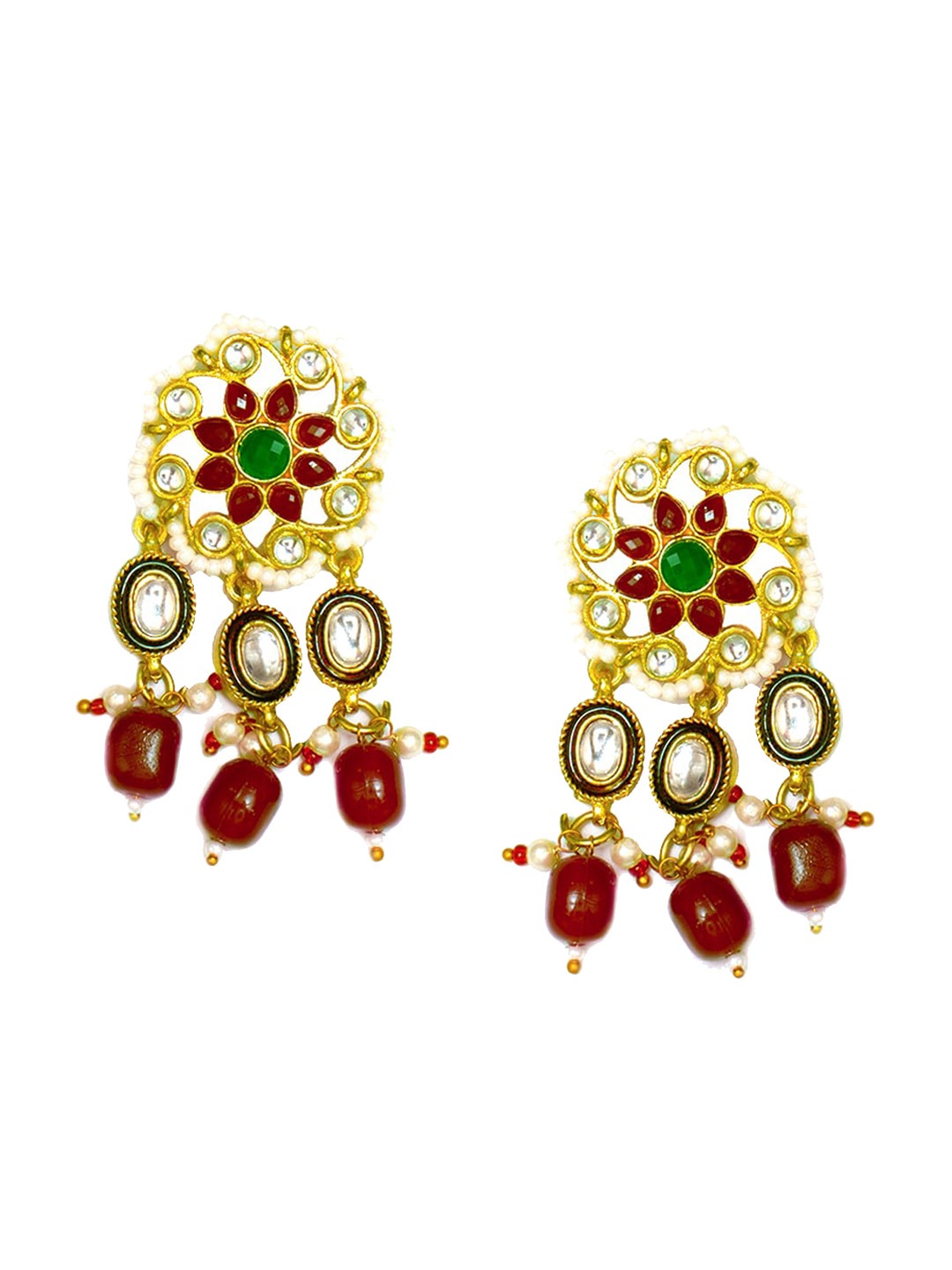 Women's Gold-Plated Red & White Kundan Stone-Studded Jewellery Set - Morkanth