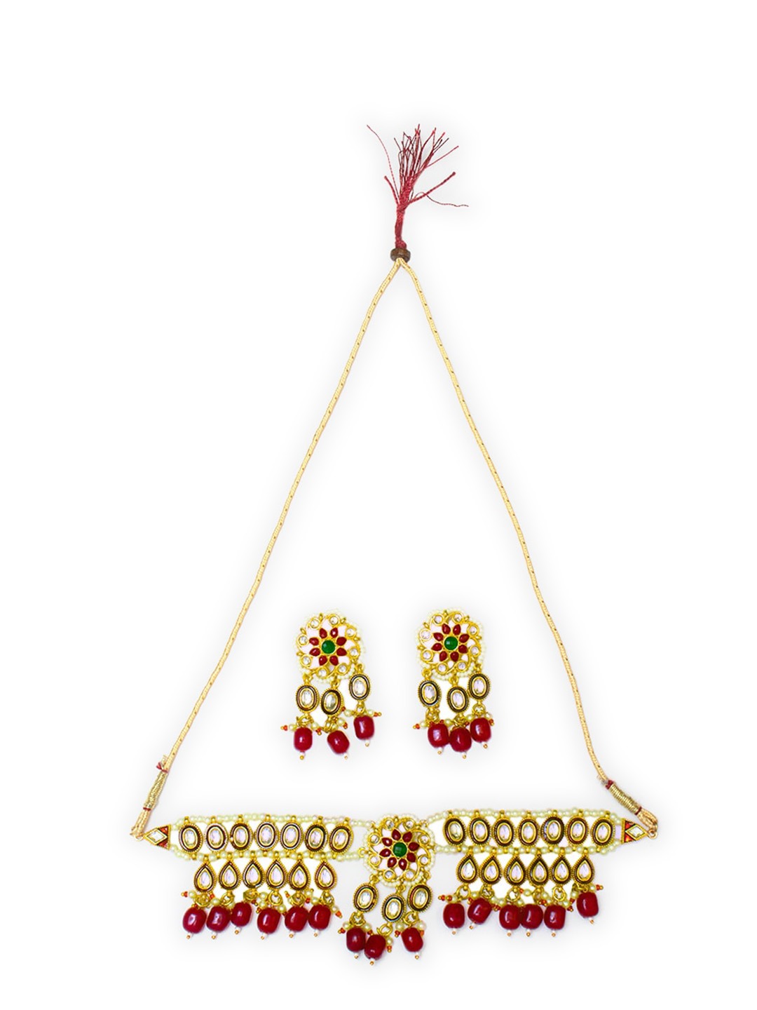 Women's Gold-Plated Red & White Kundan Stone-Studded Jewellery Set - Morkanth