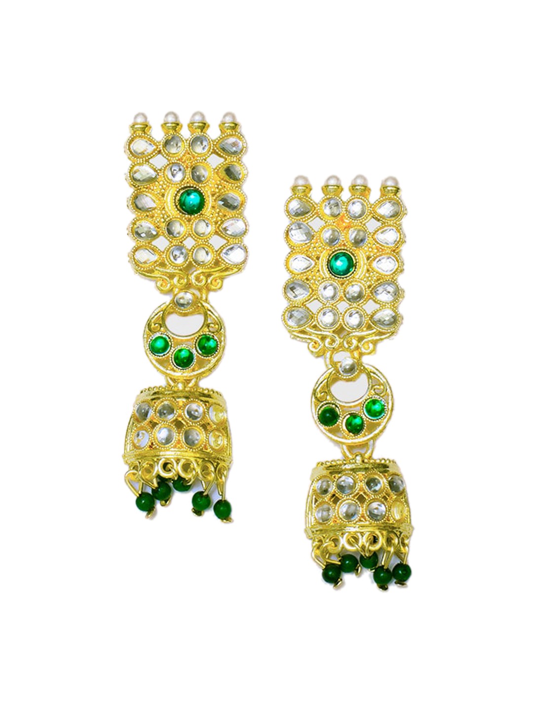Women's Gold-Plated White & Green Kundan-Studded Thread Jewellery Set - Morkanth