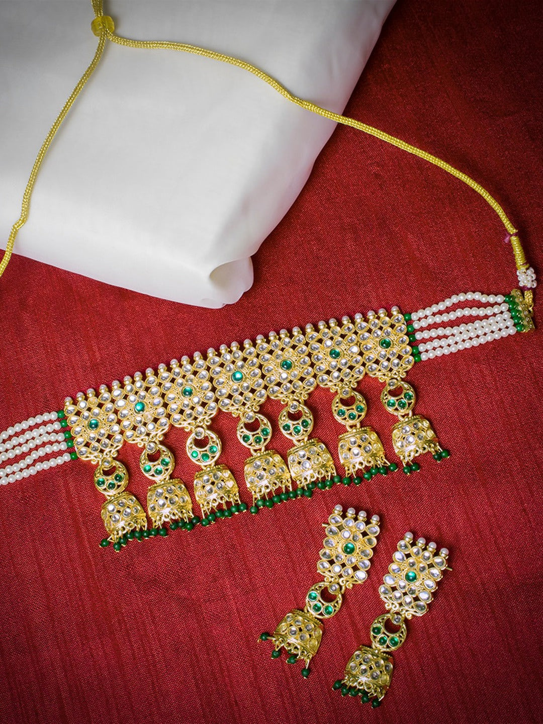 Women's Gold-Plated White & Green Kundan-Studded Thread Jewellery Set - Morkanth