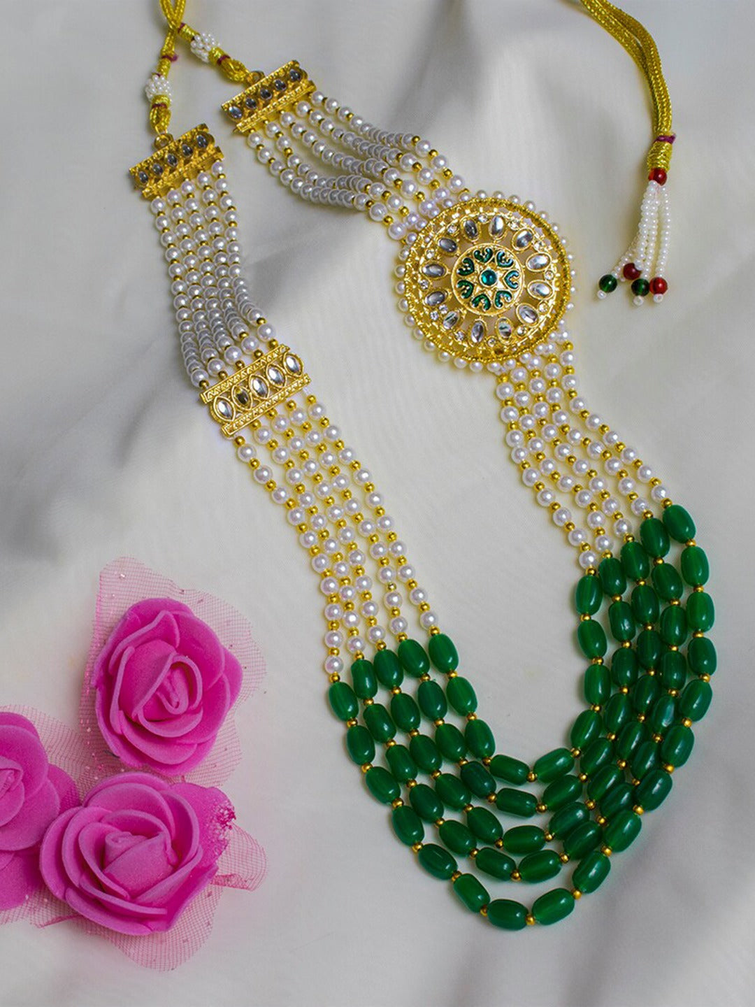 Women's Woman Gold-Plated Green & White Kundan Stone-Studded Jewellery Set - Morkanth