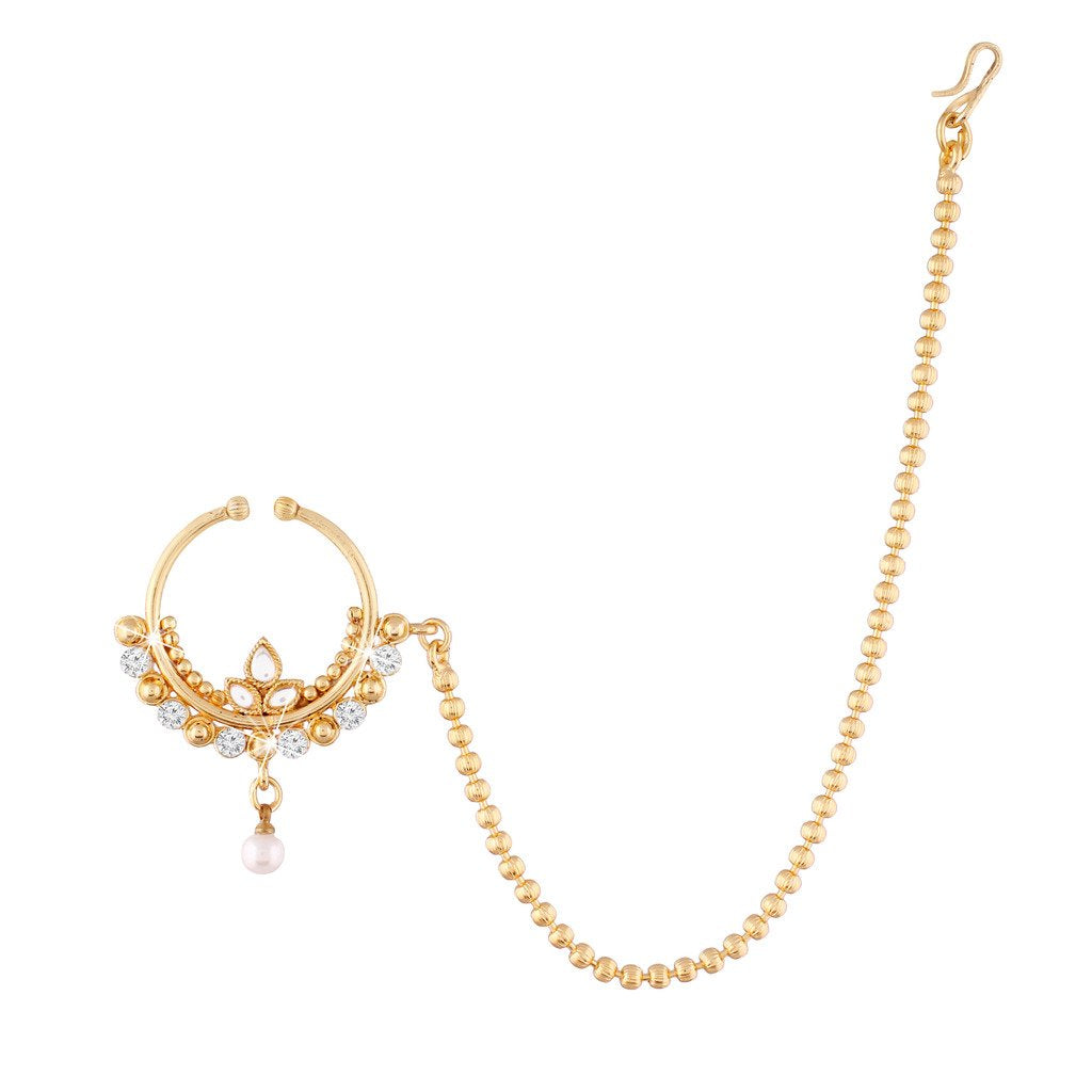 Traditional Gold Plated Pearly Nose Ring Nath By I Jewels