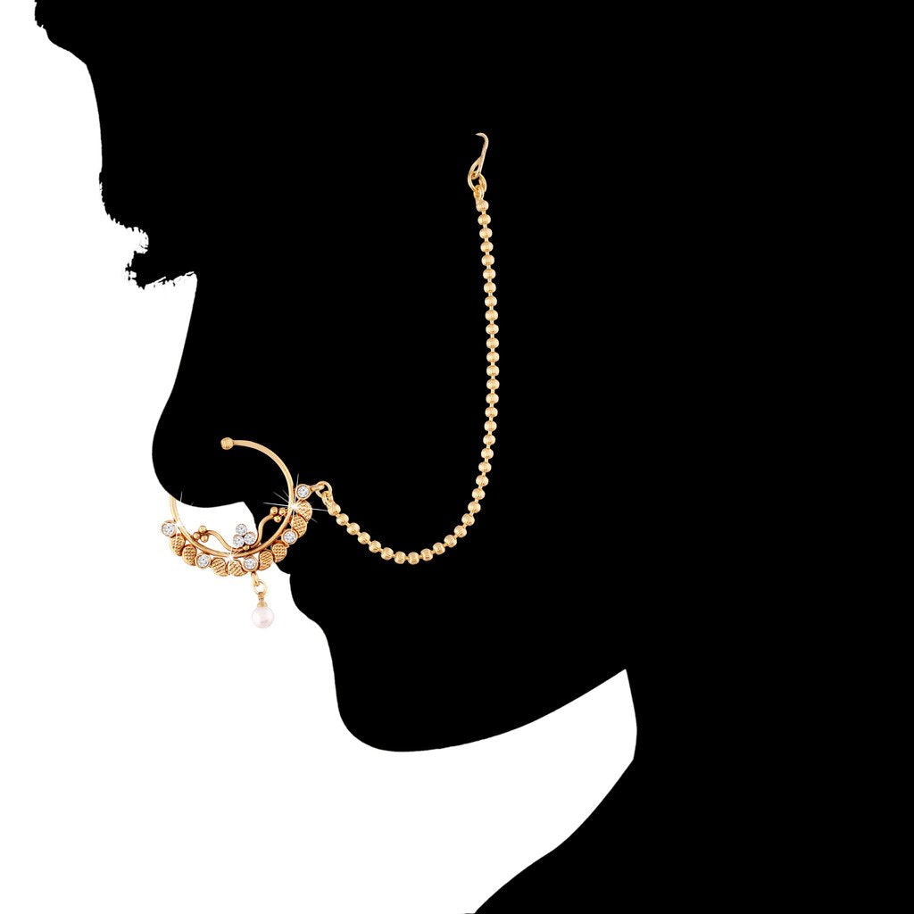 Intricate Gold Plated Nosering Nath With Chain For Women By I Jewels