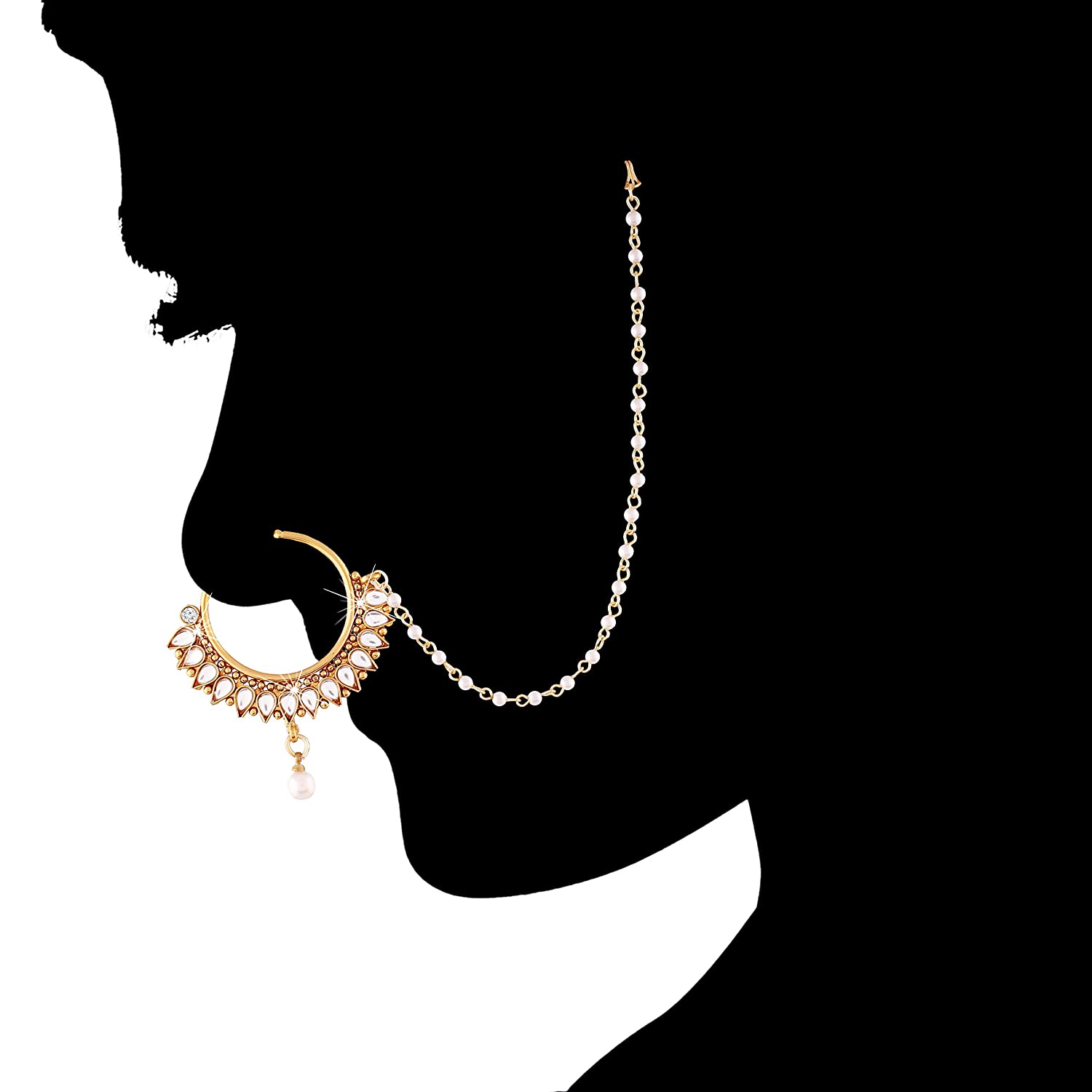 Bridal Pearl Kundan Nose Ring Nath With Chain By I Jewels