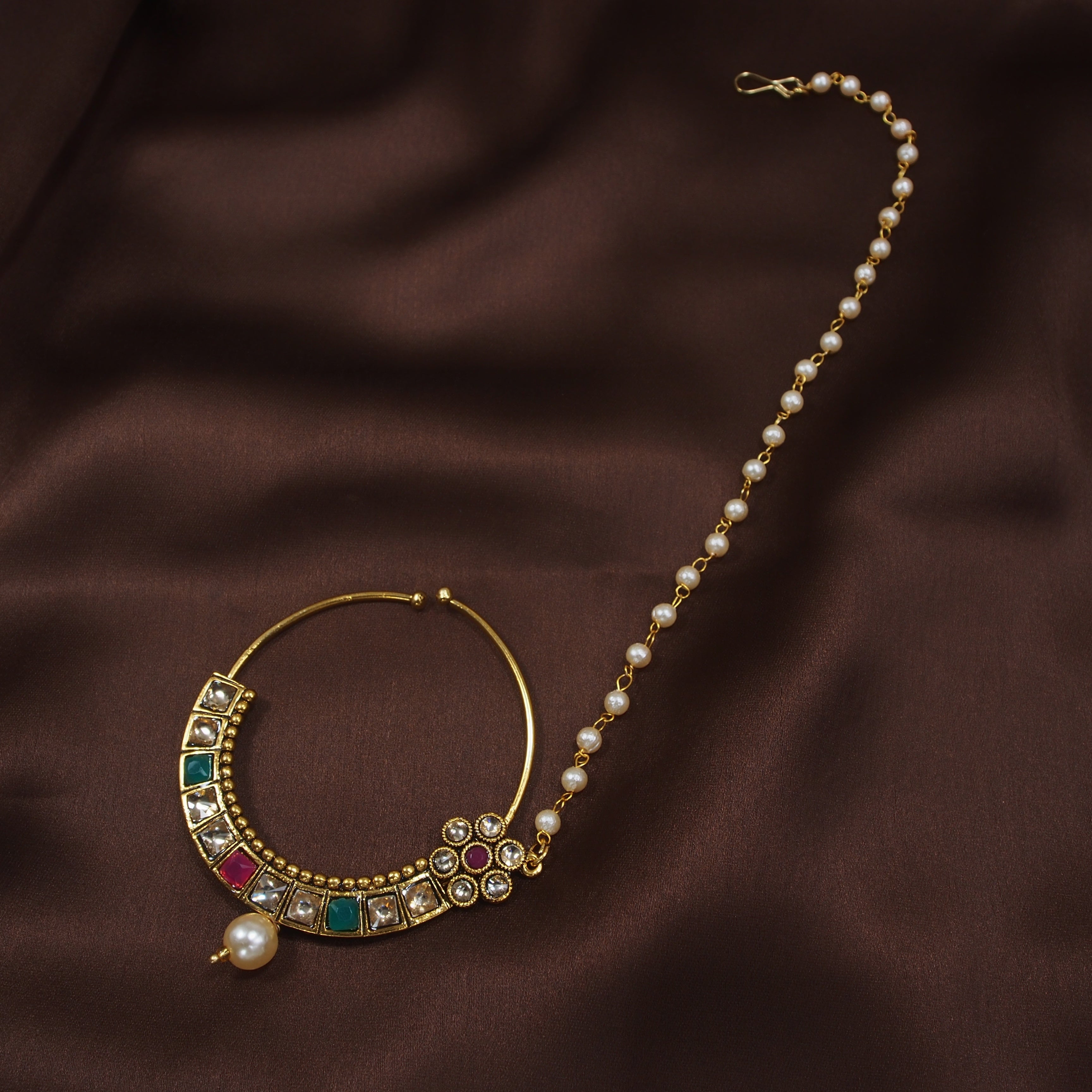 Gold Plated Nose Ring Multicolor Kundan With Pearl Chain By I Jewels