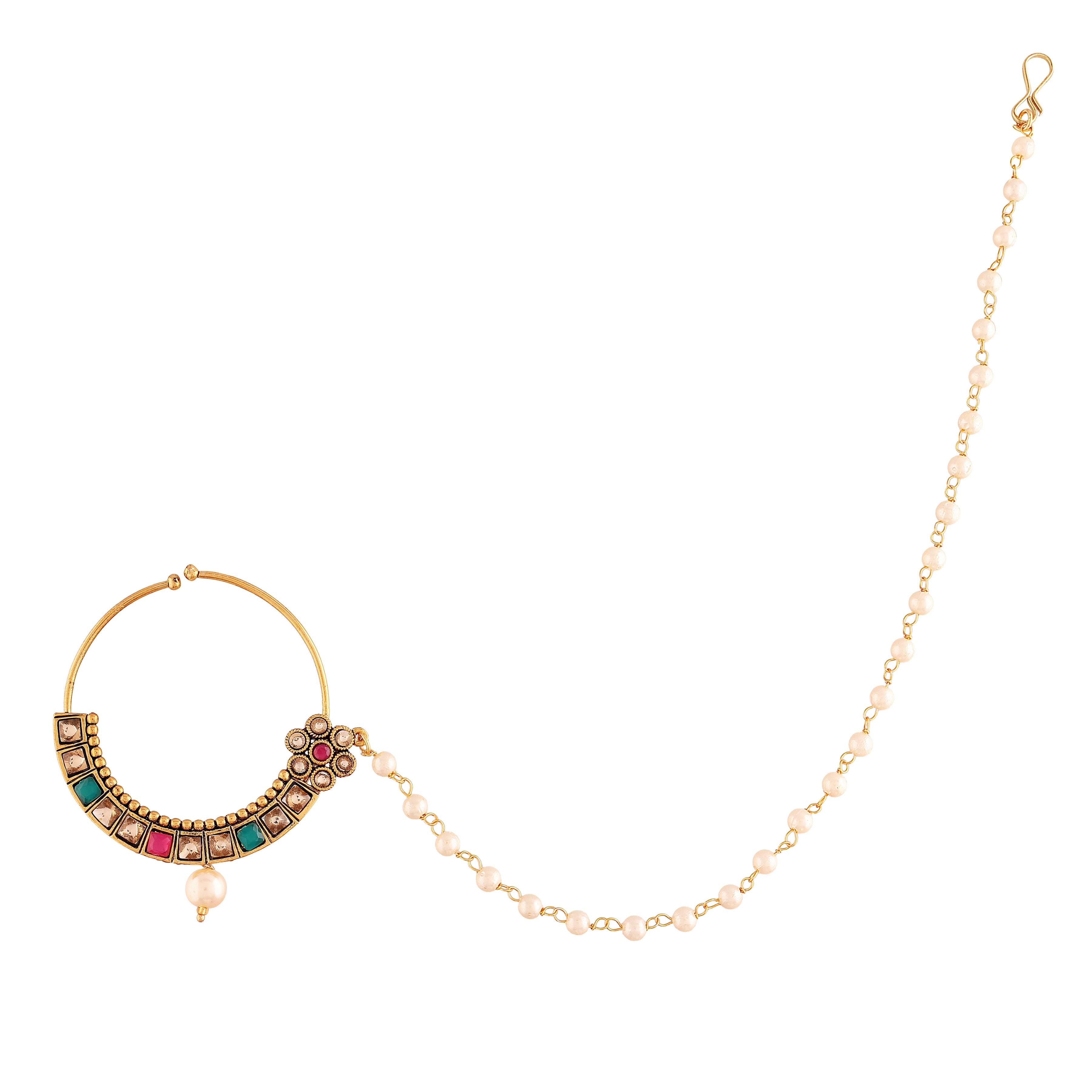 Gold Plated Nose Ring Multicolor Kundan With Pearl Chain By I Jewels