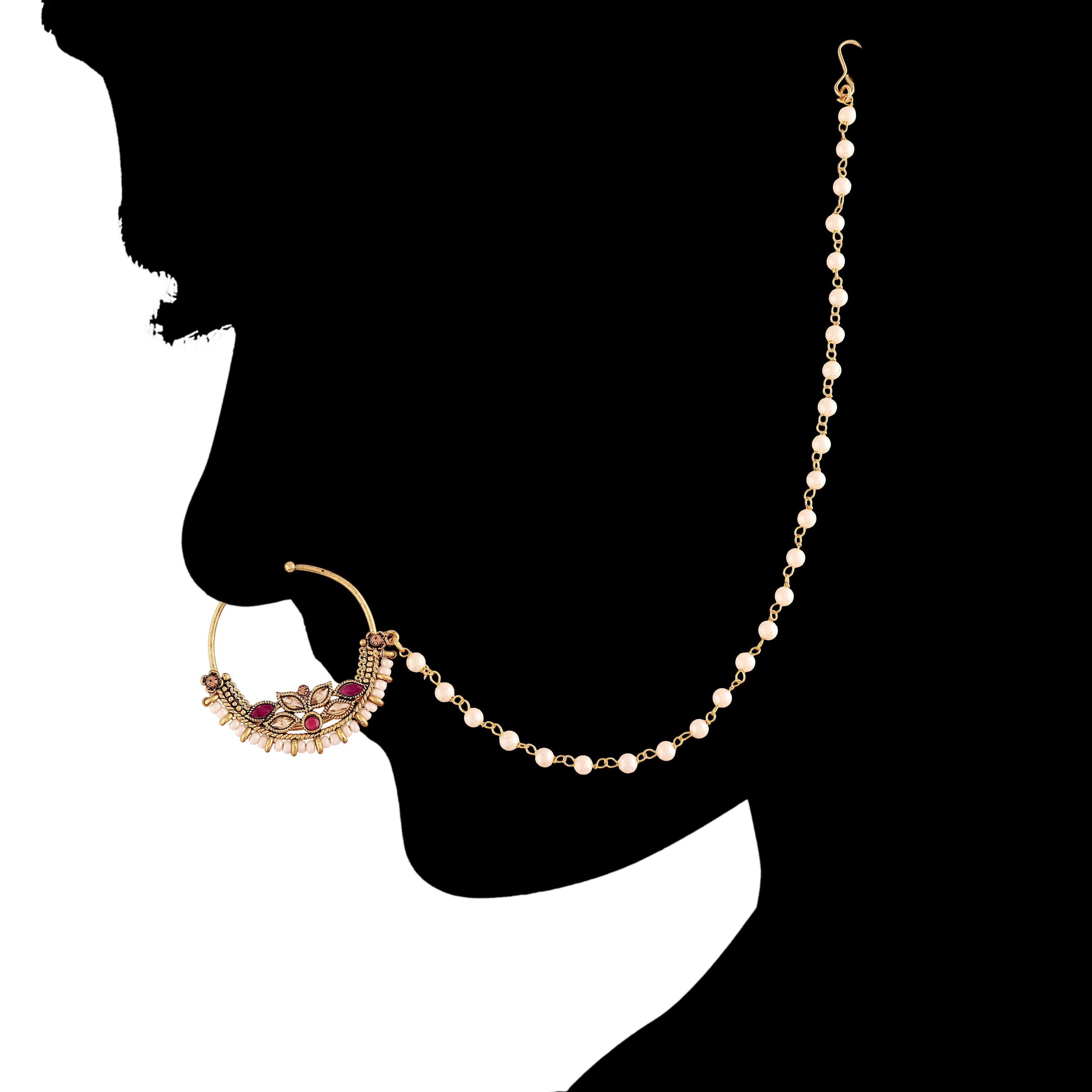 Gold Plated Ruby Kundan Nose Ring With Pearl Chain By I Jewels