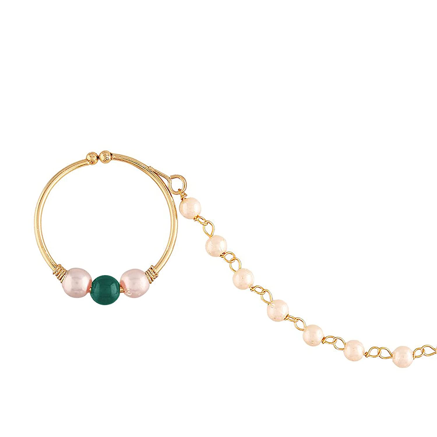 Gold Plated Green Kundan Nose Ring With Pearl Chain By I Jewels