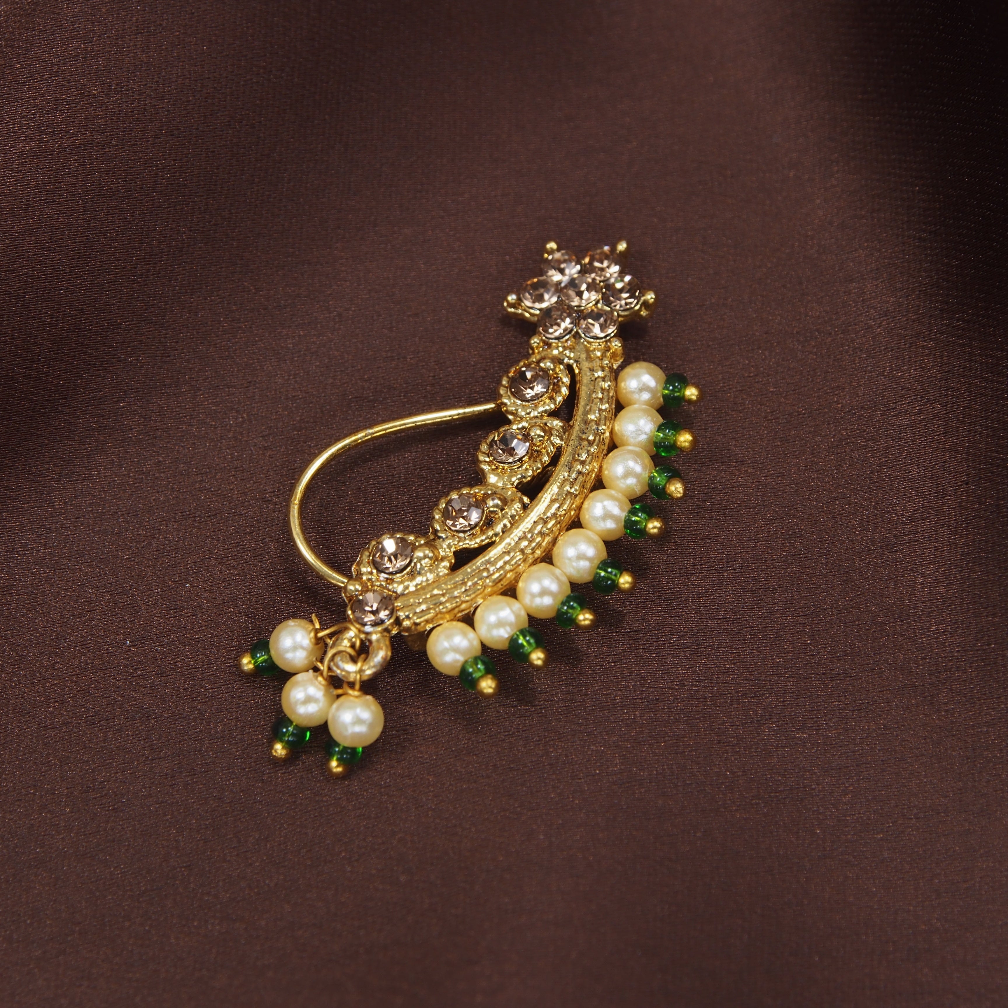 Maharashtrian Nose Pin Gold Finish With Pearls By I Jewels