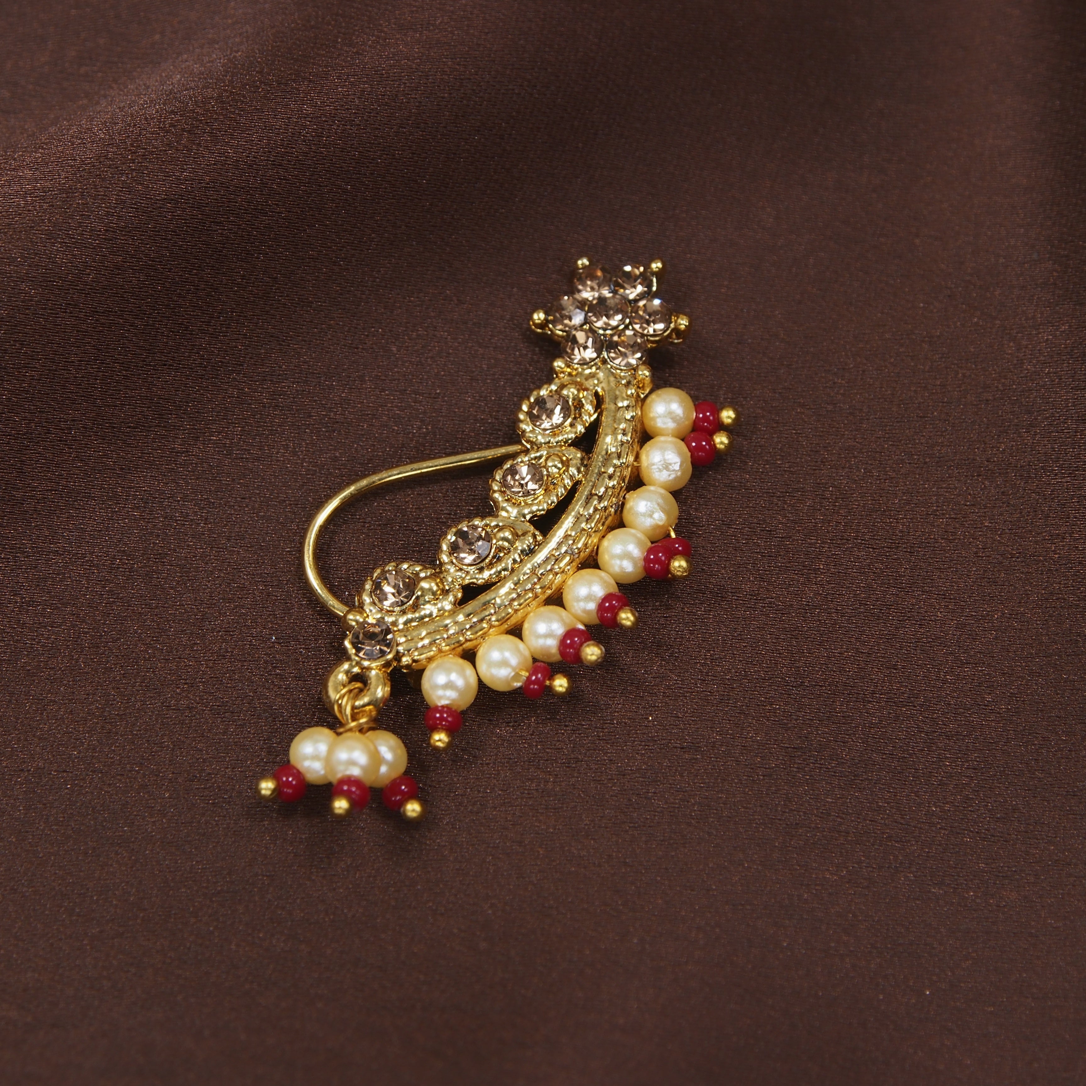 Nose Pin Marathi Style Gold Finish With Pearls By I Jewels