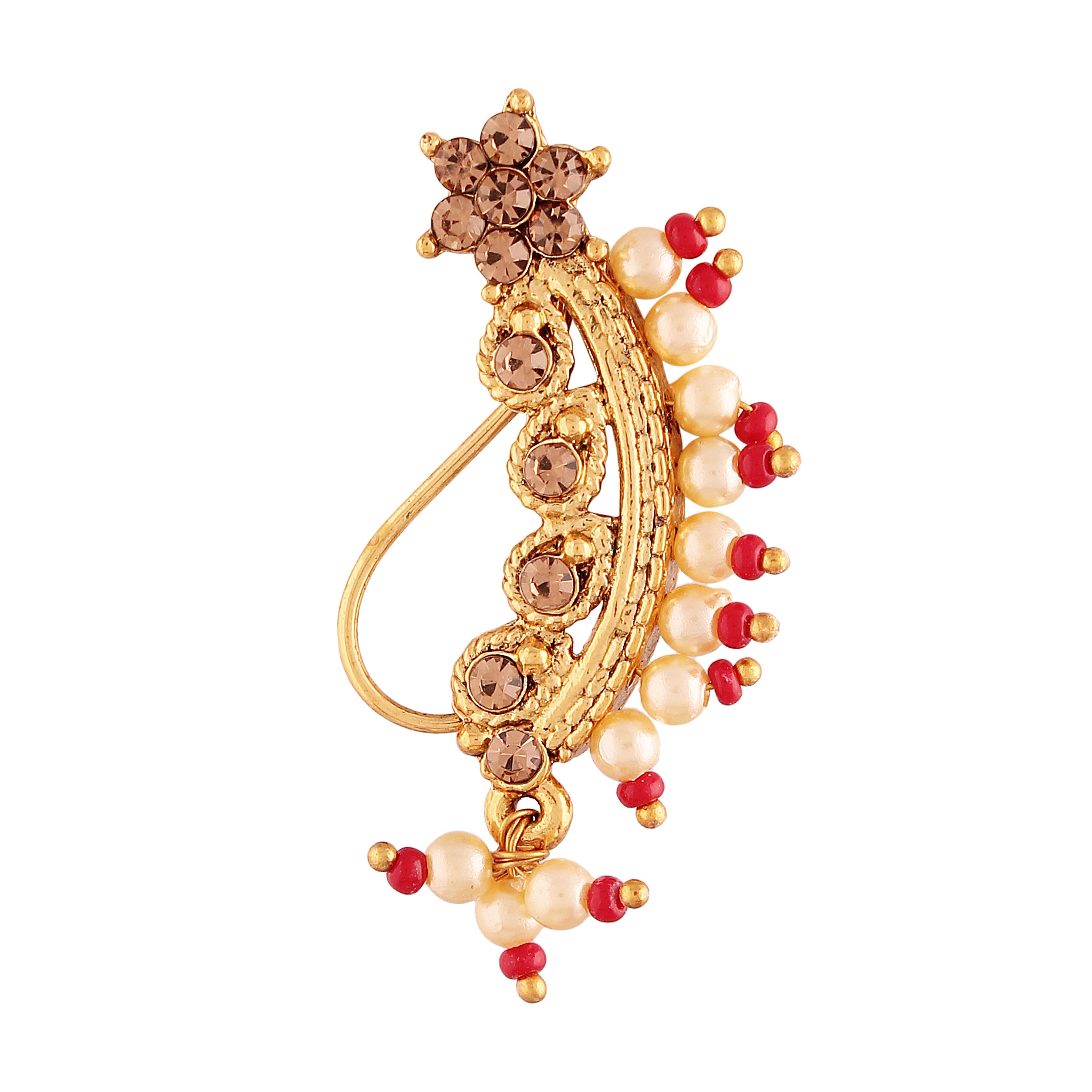 Nose Pin Marathi Style Gold Finish With Pearls By I Jewels