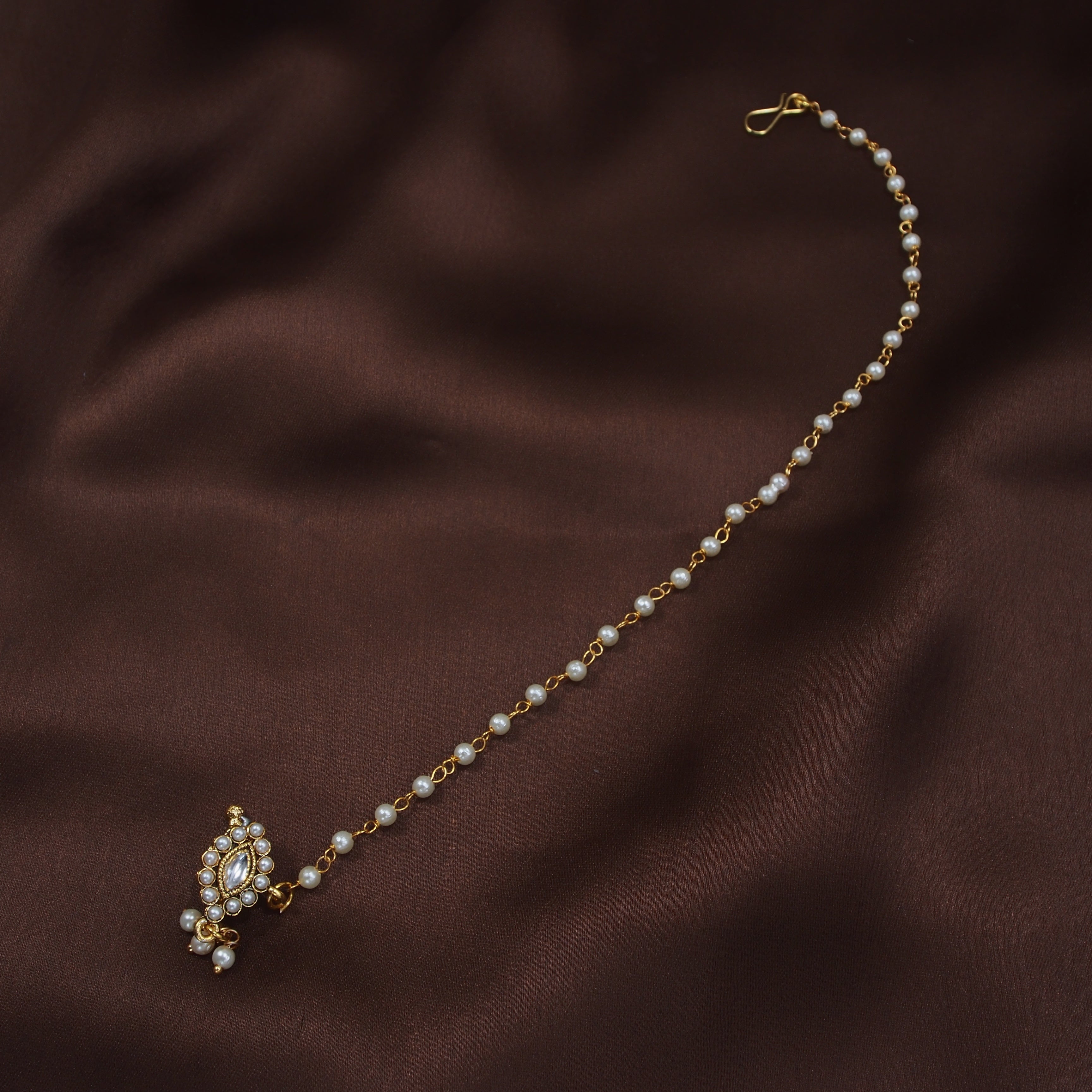 Kundan Studded Nose Pin With Pearl Chain By I Jewels