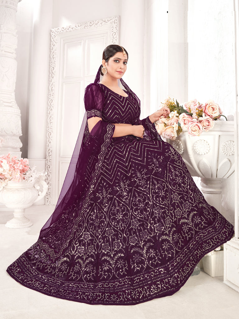Women's Purple Net Embroidered Lehenga Choli Set