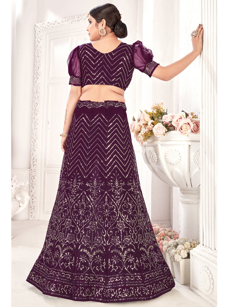 Women's Purple Net Embroidered Lehenga Choli Set