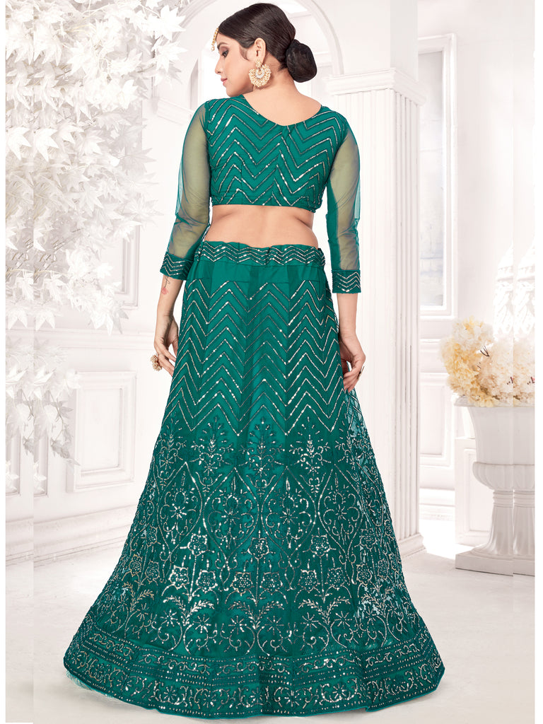 Women's Green Net Embroidered Lehenga Choli Set