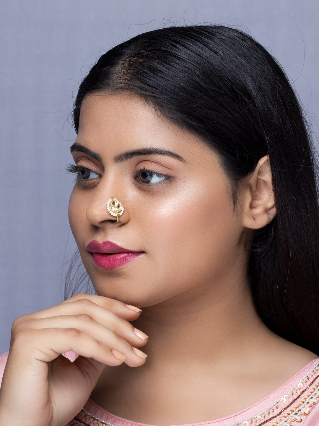 Kundan & Pearl Embellished Nose Pin Without Piercing By Morkanth